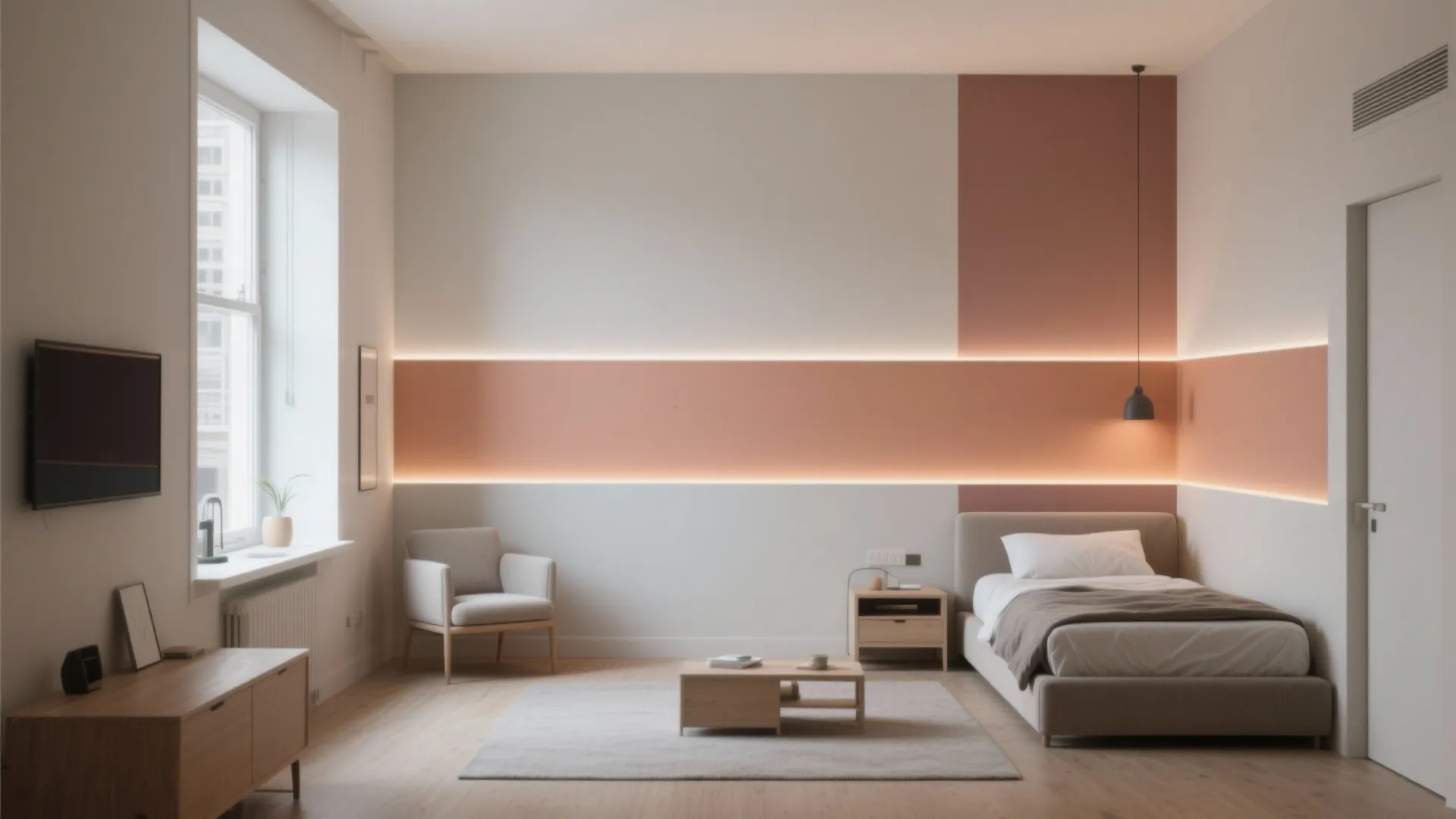 Modern bedroom featuring terracotta wall paint with horizontal light strip decoration and simple wooden furniture