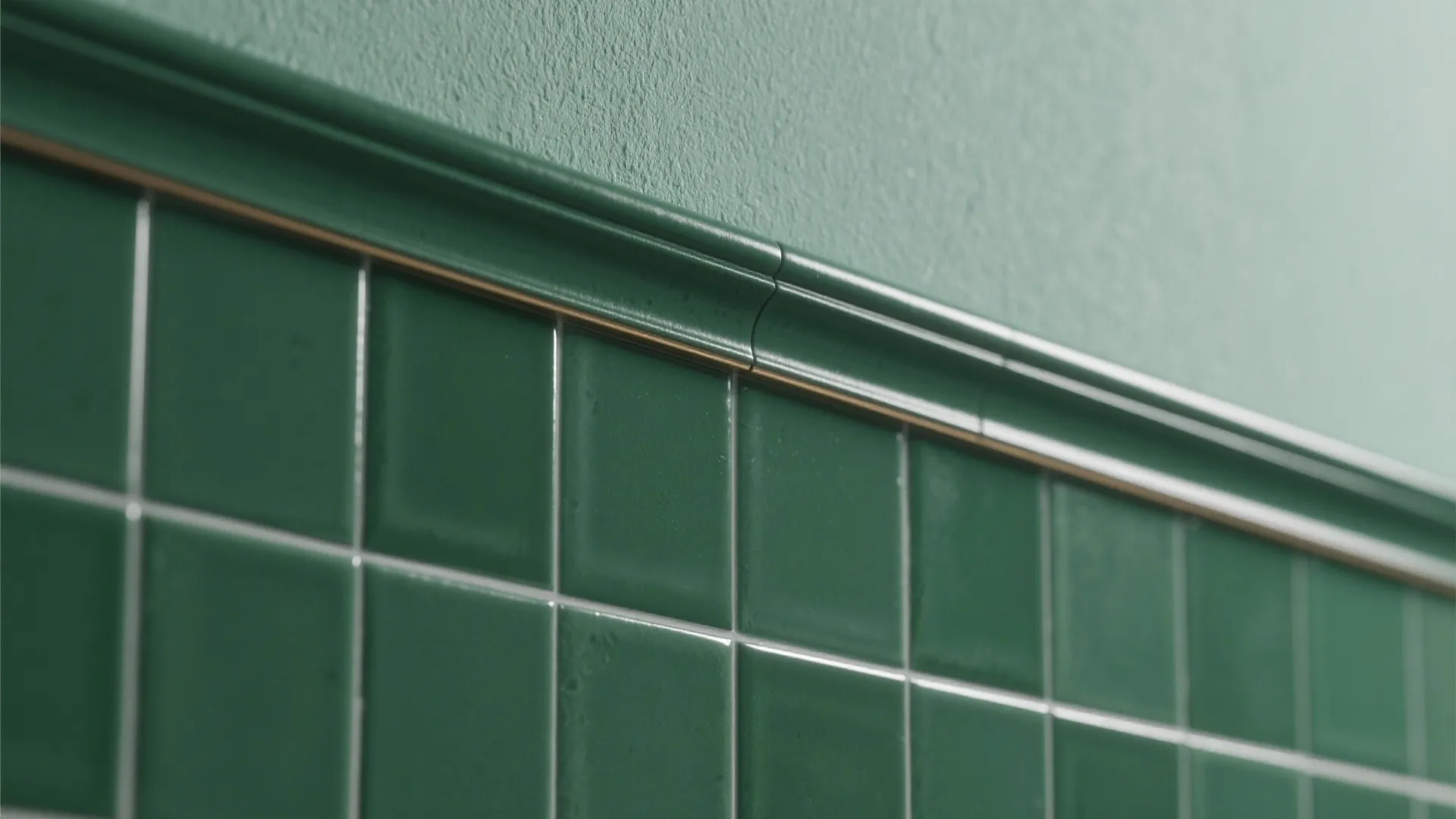 Green wall tiles with matching decorative green wall panel and smooth painted green wall surface