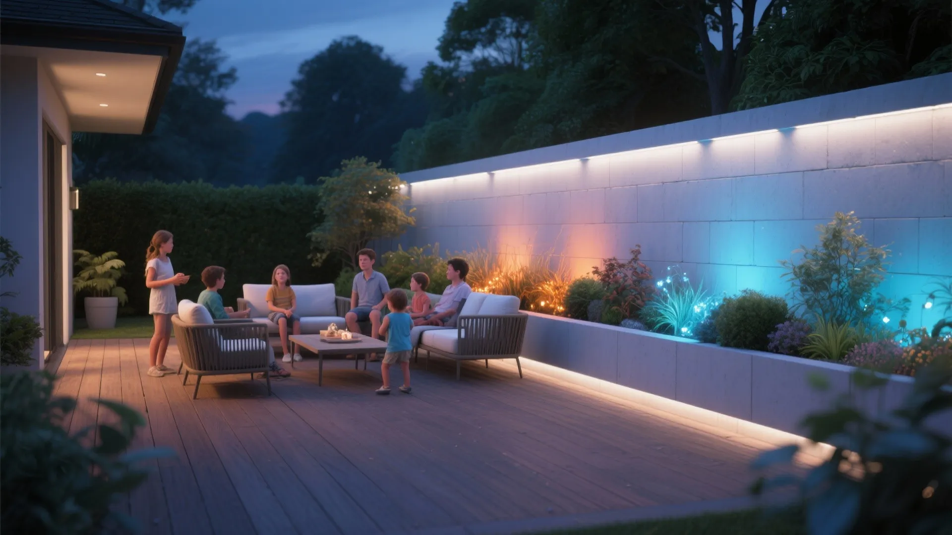 Deck beside a retaining wall with color-tunable LEDs shifting between warm white and subtle colored accents