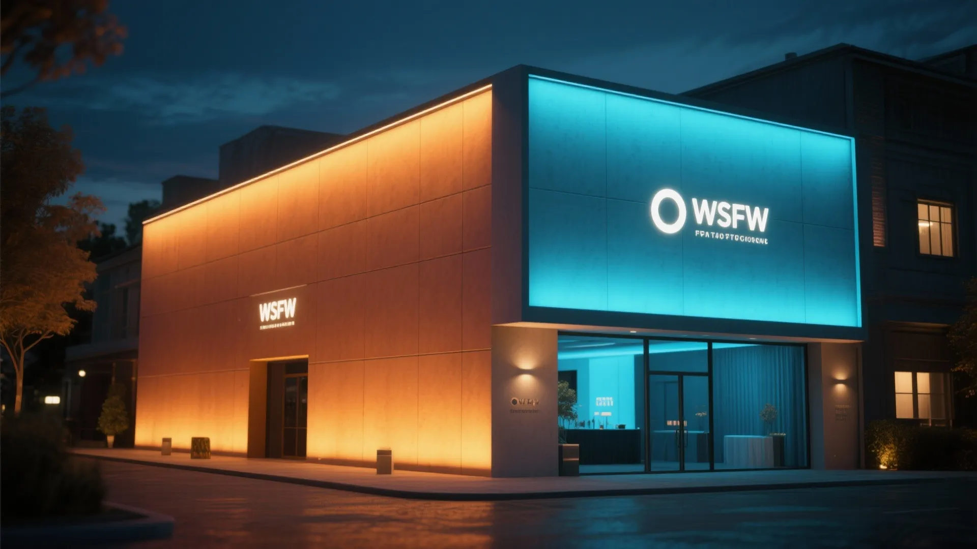 Modern building exterior with bright orange and blue wall lights at night showing clean design