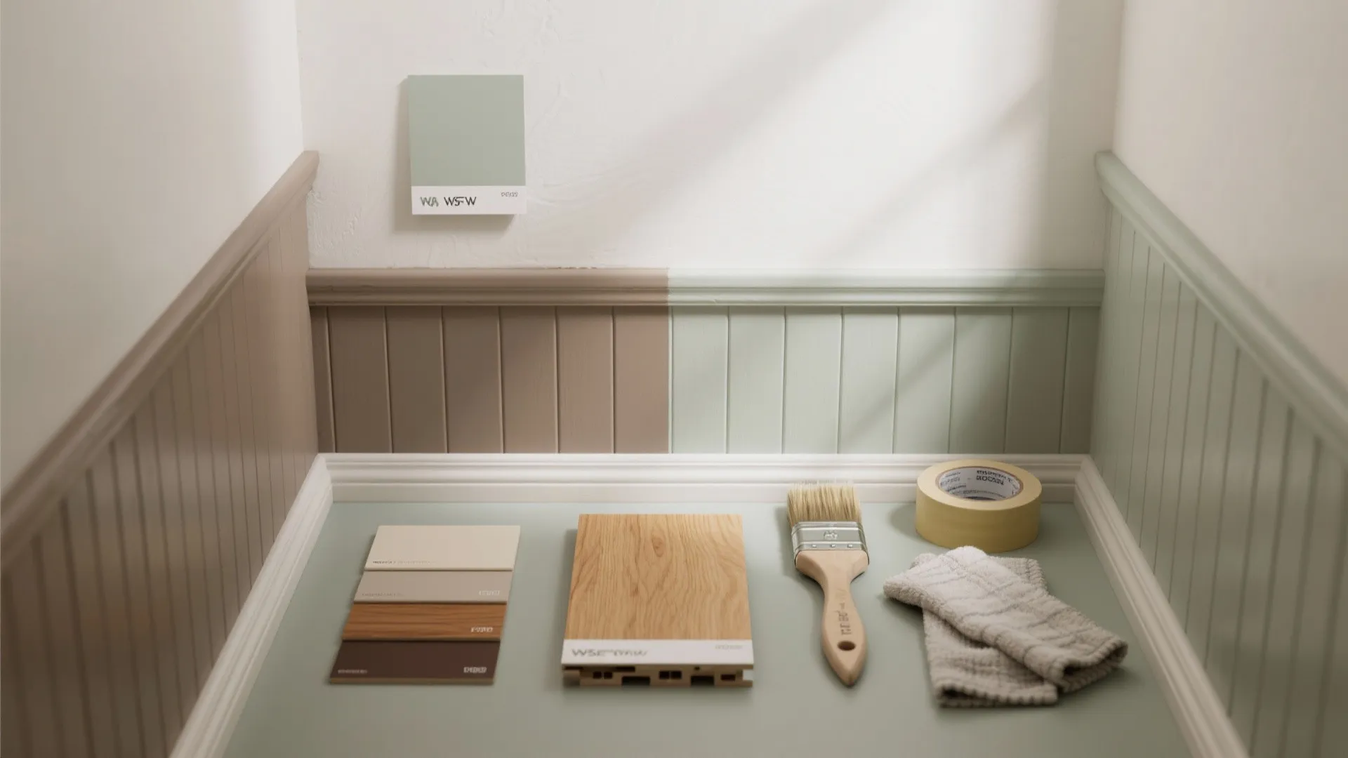 Green and brown wall panel samples with paint brush wood flooring board and masking tape