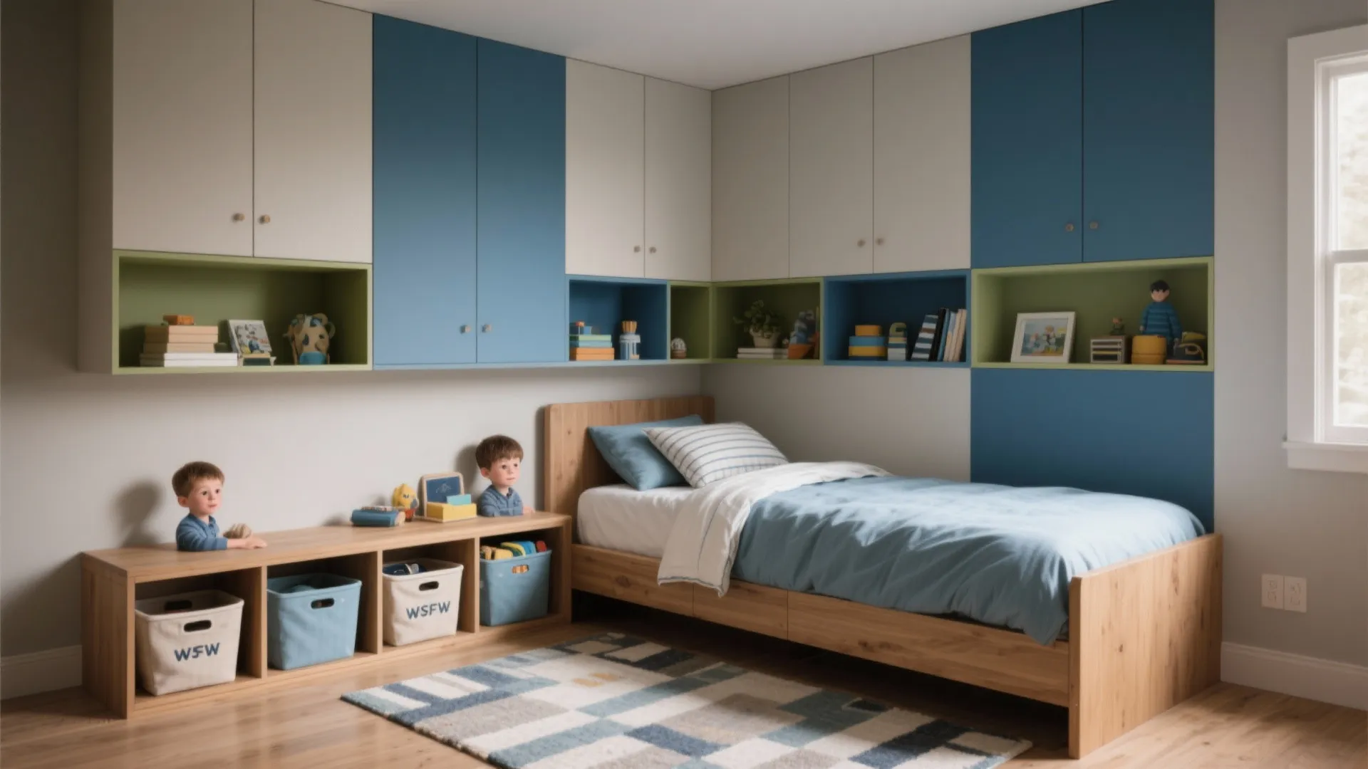 Modern kids bedroom with wooden bed blue bedding wall cabinets green shelves and floor storage