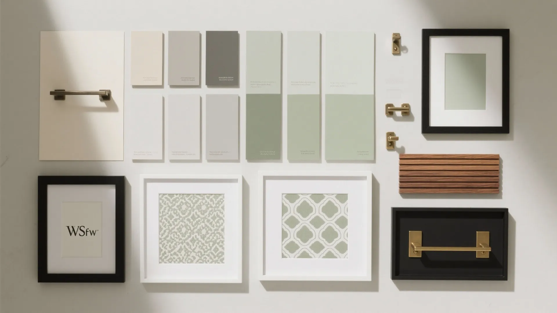 Interior design mood board with green paint swatches patterned fabric samples and gold door handles