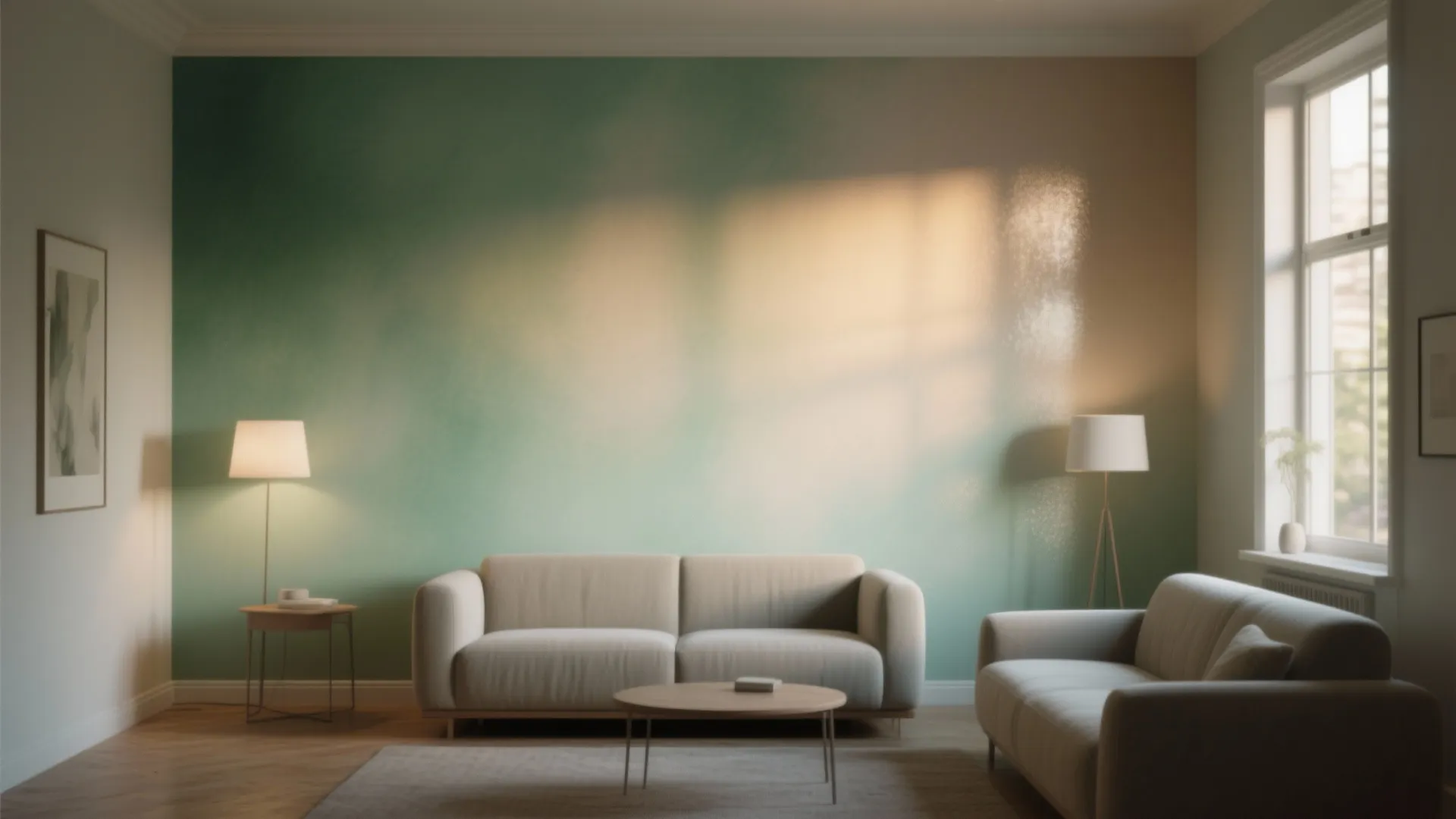 Modern living room with green gradient wall two grey sofas round table and floor lamps