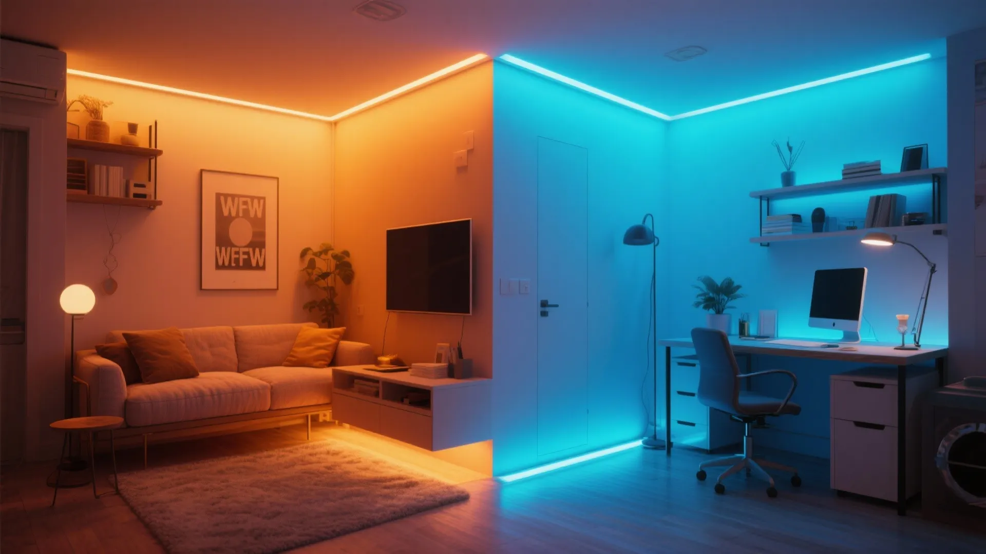 Apartment corner with warm and cool LED zones