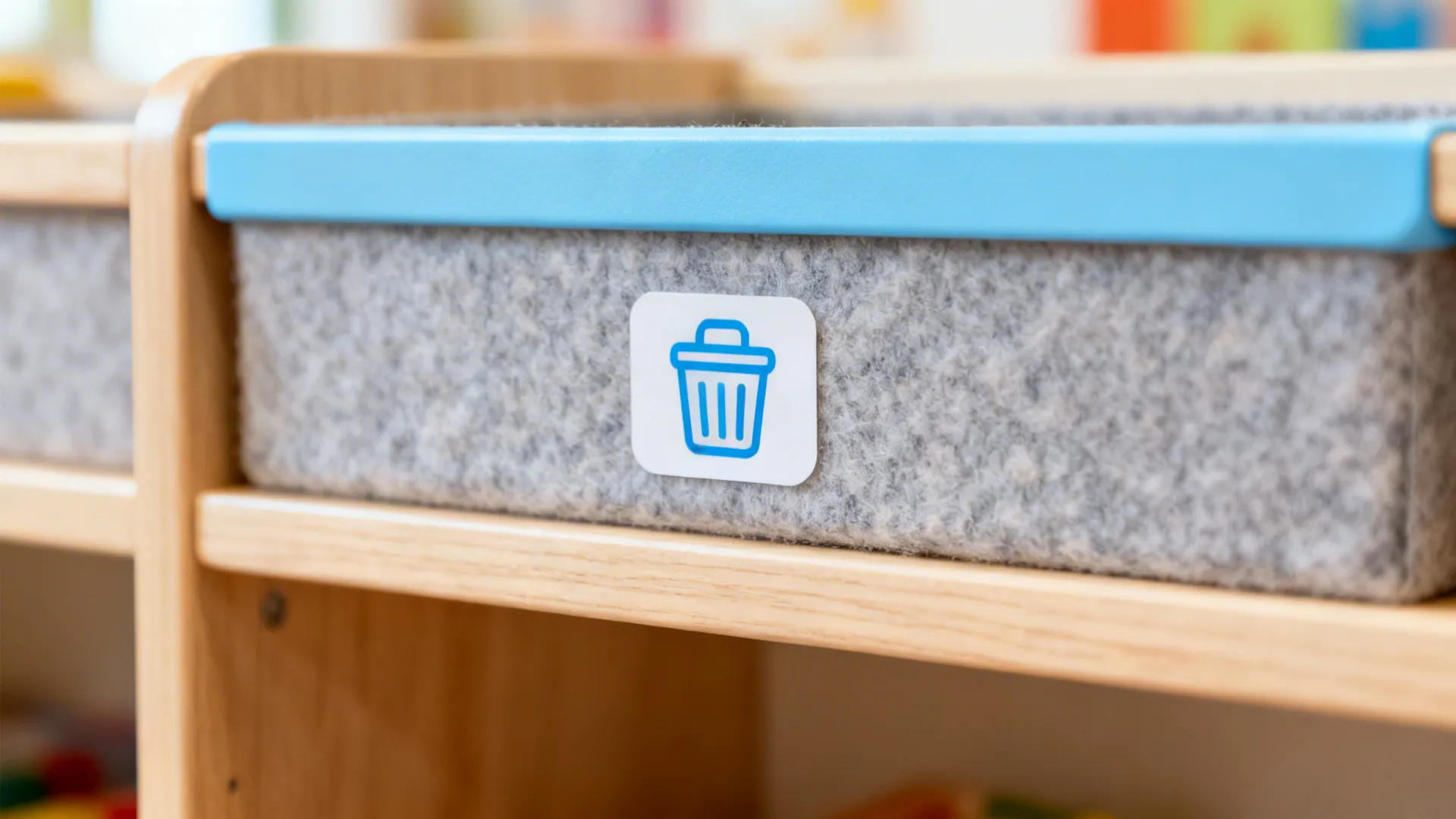 Macro of a shelf with soft blue accent and matching bin label in a preschool corner.