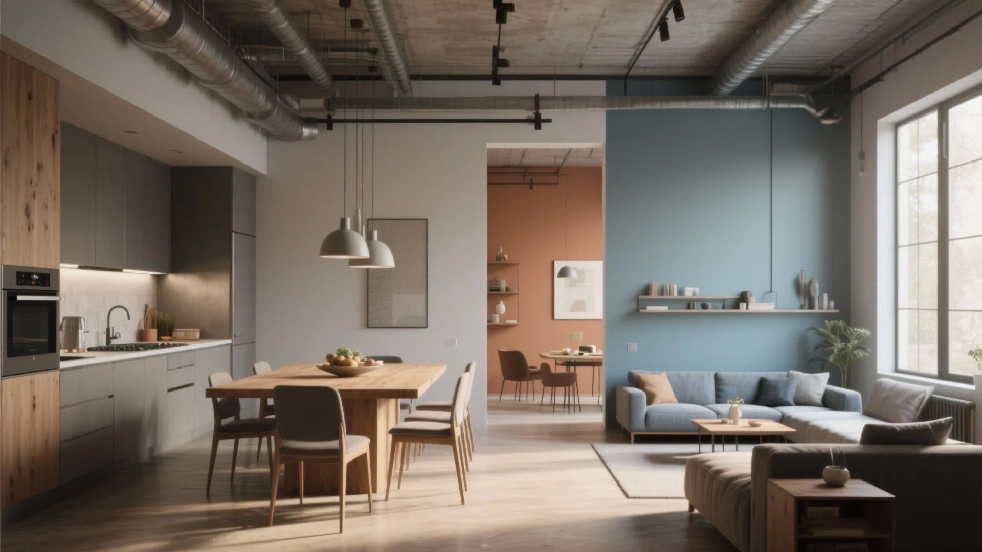 Open-plan loft with distinct yet harmonious color-zoned kitchen, dining and living areas.