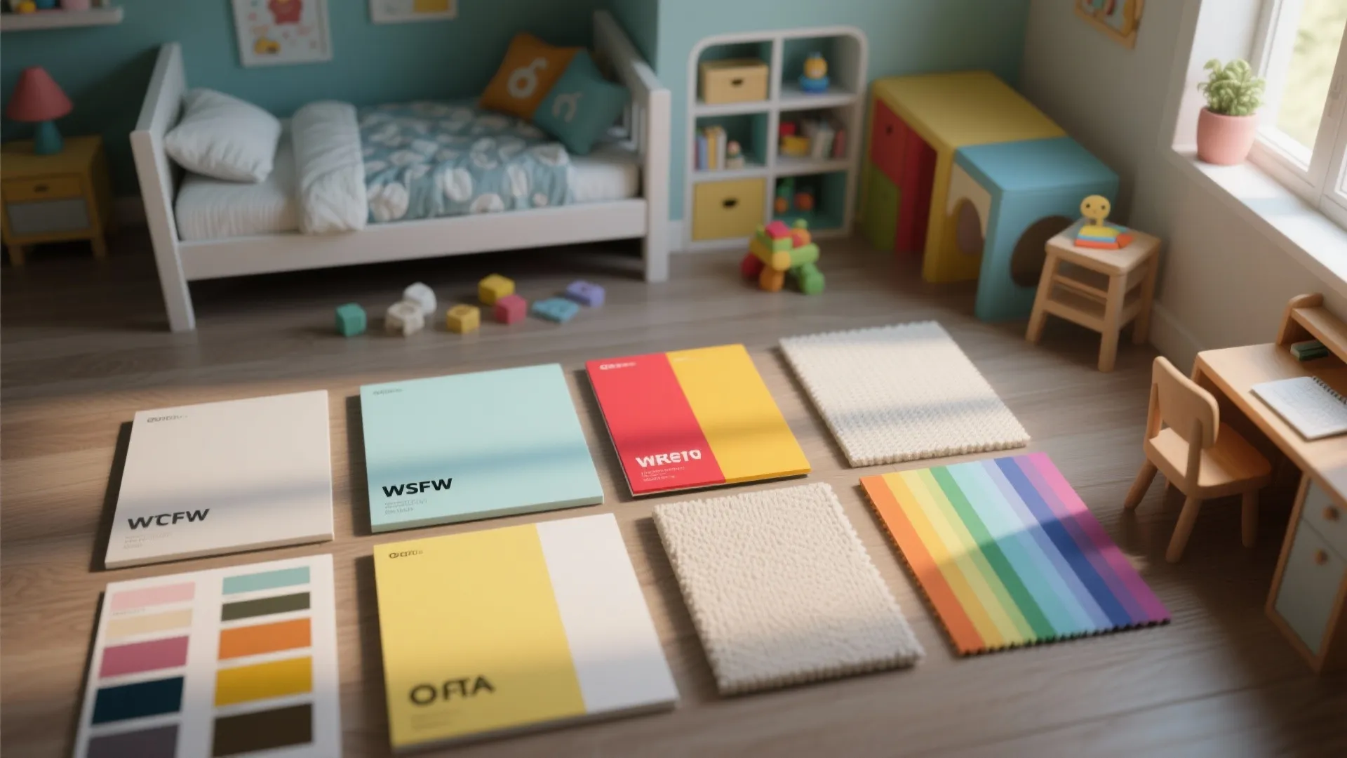 Kids bedroom with colorful floor material samples showing different paint colors and soft fabric textures