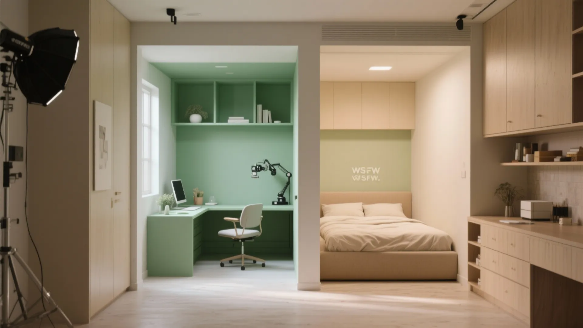 Studio apartment organized by robot-painted color zones: soft green work nook and warm beige sleep corner with crisp edges.