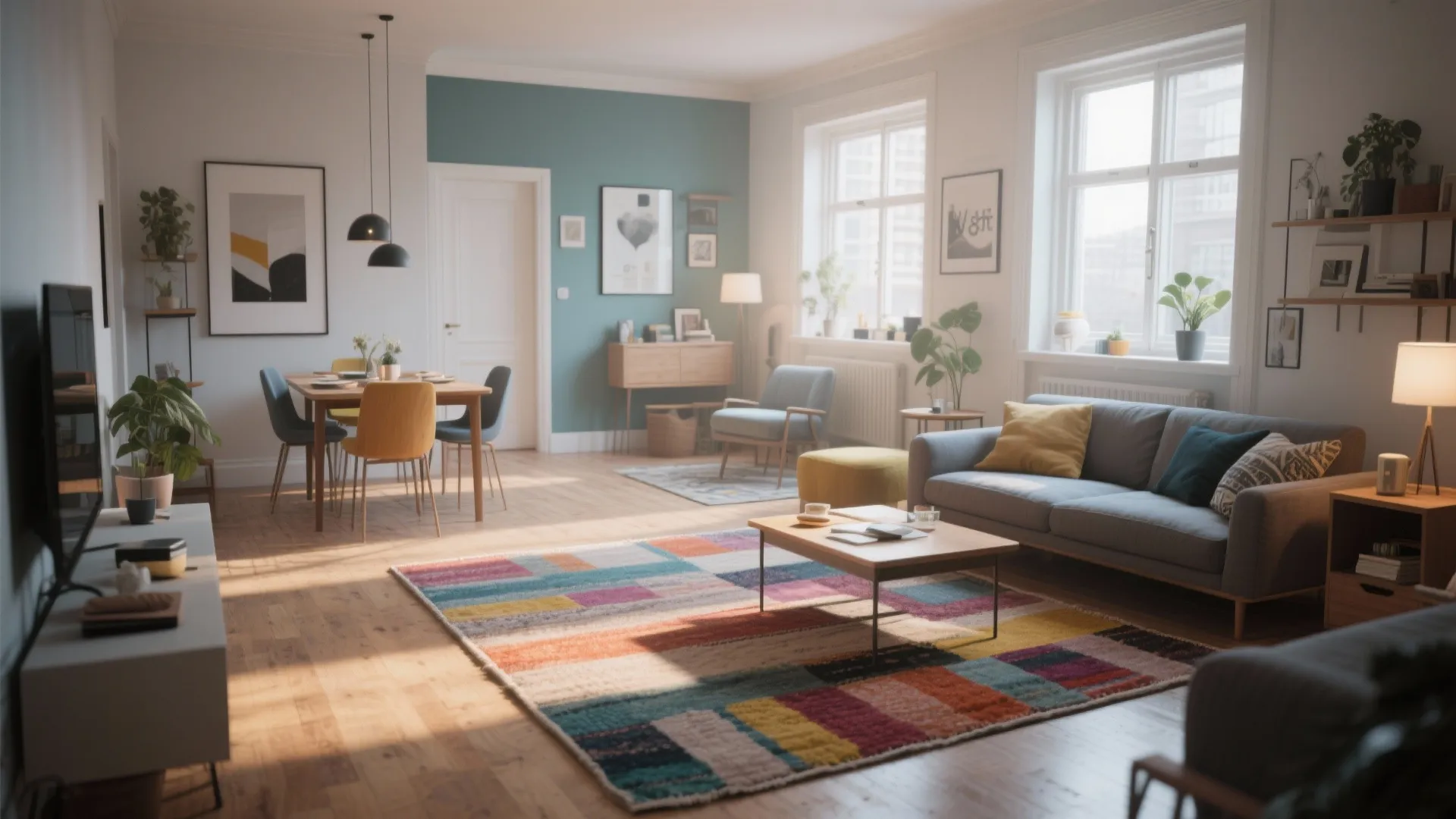Modern living room with a colorful area rug wooden floor grey sofa and dining table