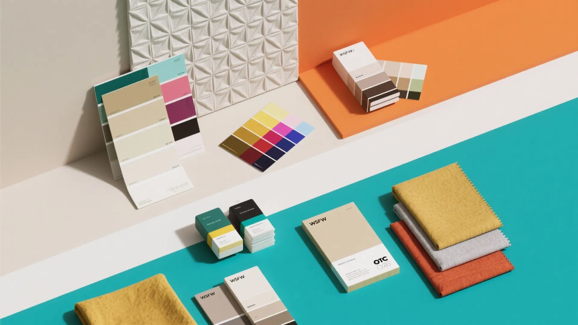 Various colorful paint swatches and fabric samples arranged on a bright green and orange surface