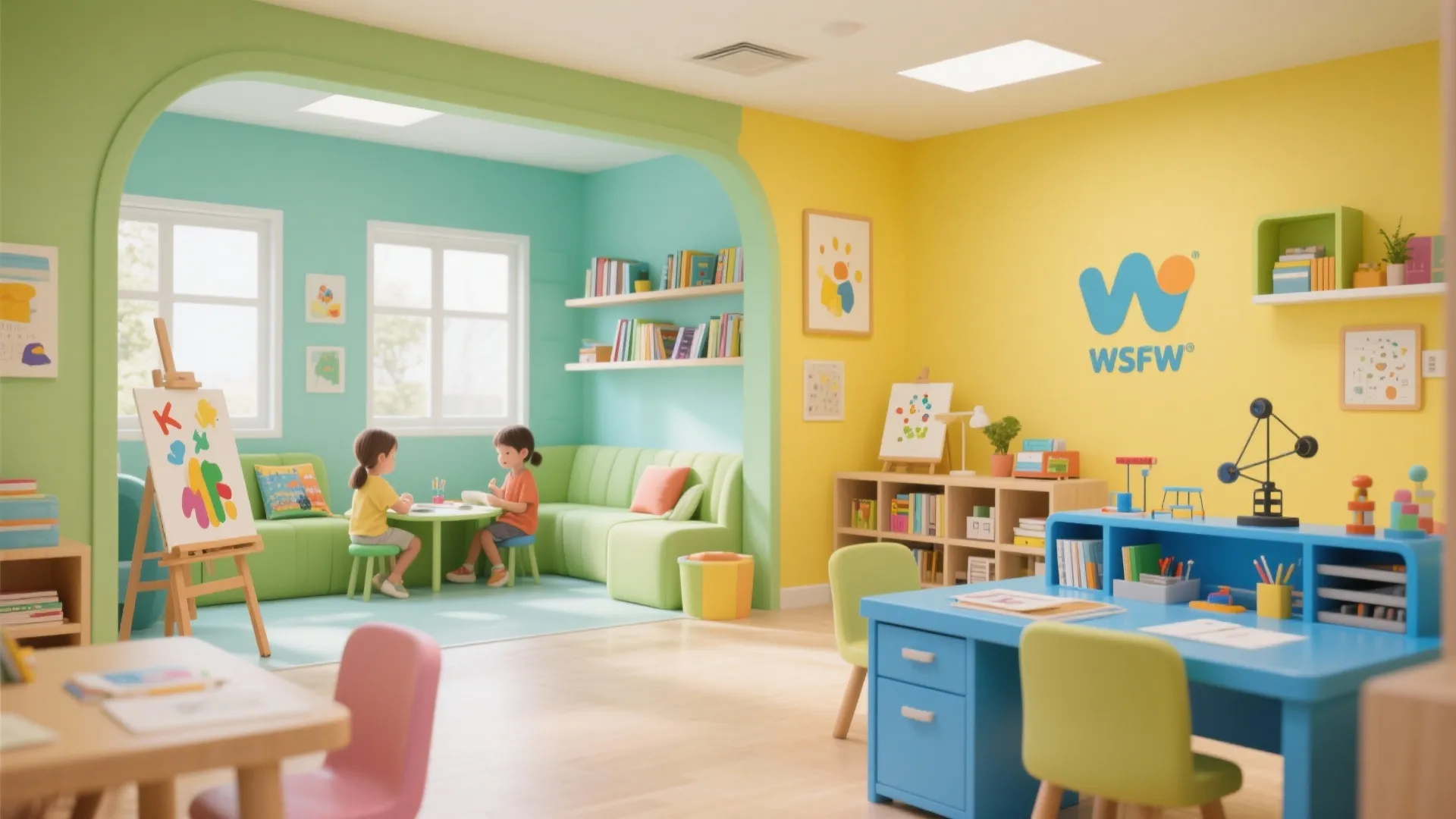 Bright classroom interior with yellow and green walls blue desks small chairs and green soft sofa