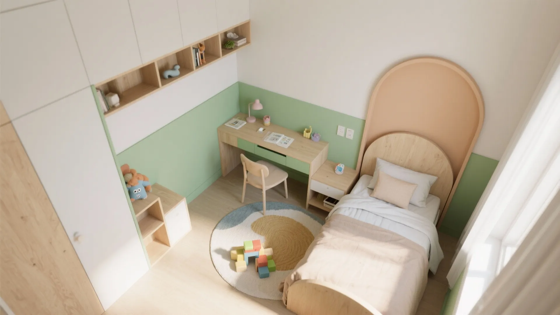 Top view of a child bedroom with green wall panel wooden desk and single bed