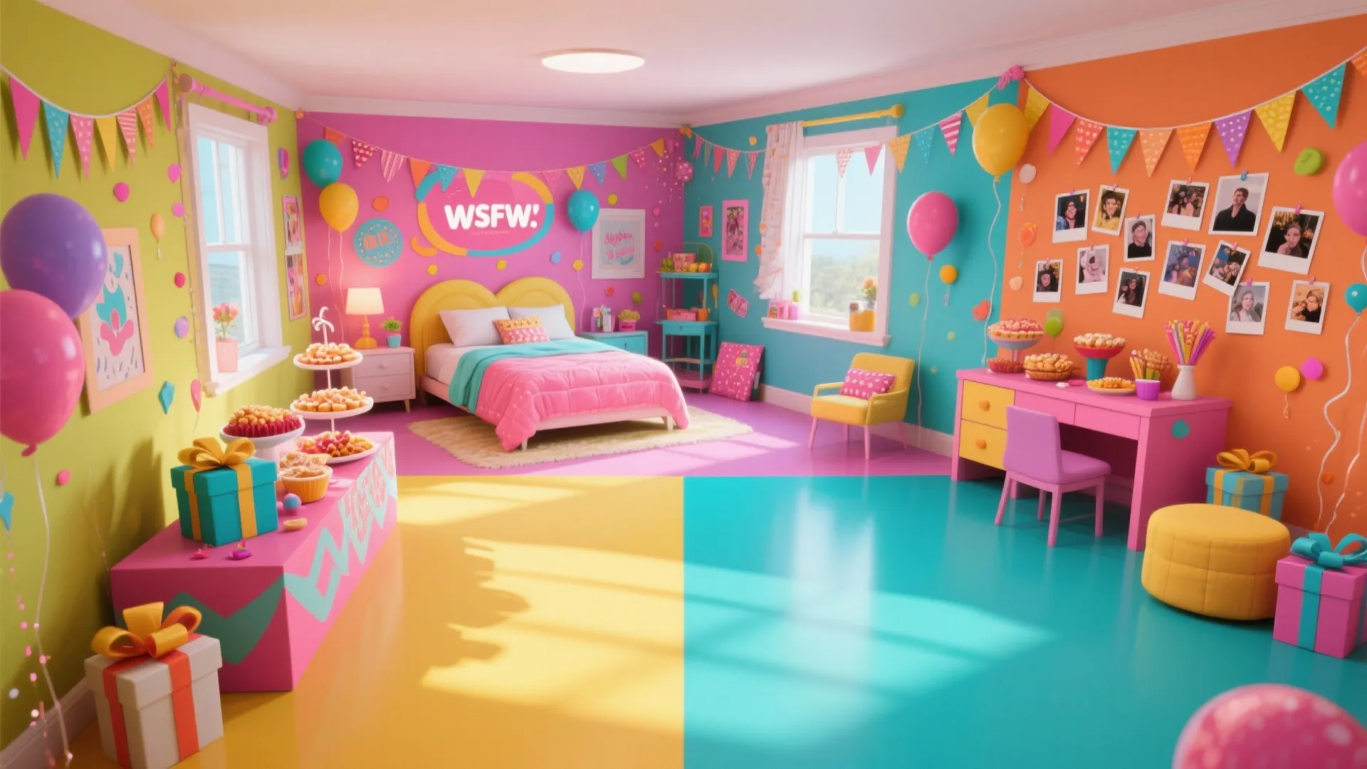 Bright colorful bedroom with painted walls decorated with balloons bunting small desk and pink bed