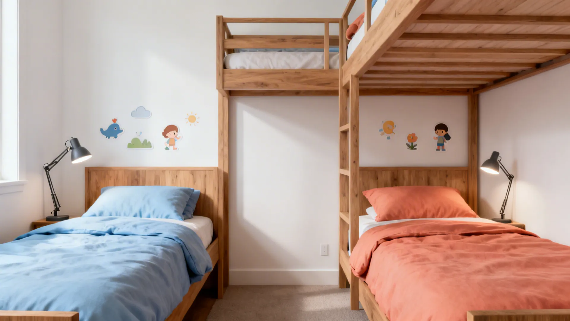 Neutral oak-and-white bunk bed with blue accents on one side and coral accents on the other.