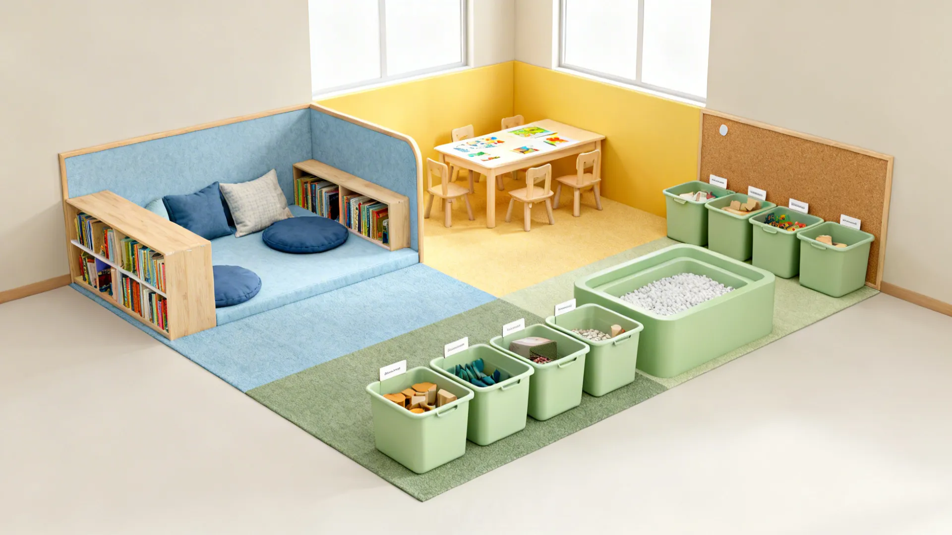 Preschool learning corners color-zoned in soft blue, yellow, and green with matching labels.