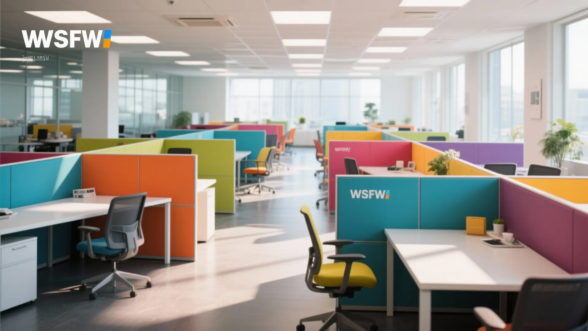 Modern open plan office with colorful desk dividers in orange blue yellow pink and green