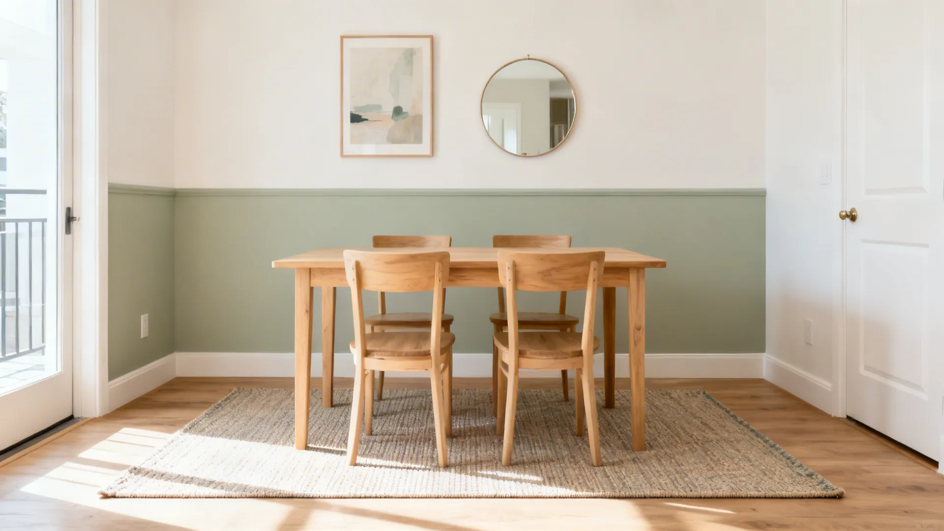 Small dining area with a tight-weave rug and a dusty sage half-wall paint band framing the table.
