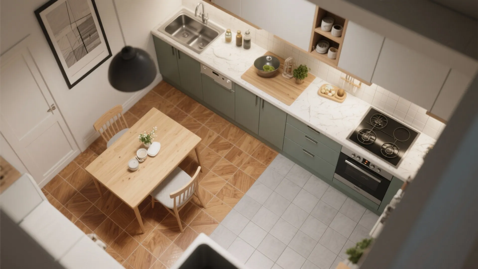 Top view of kitchen with two different floor tile colors separating zones