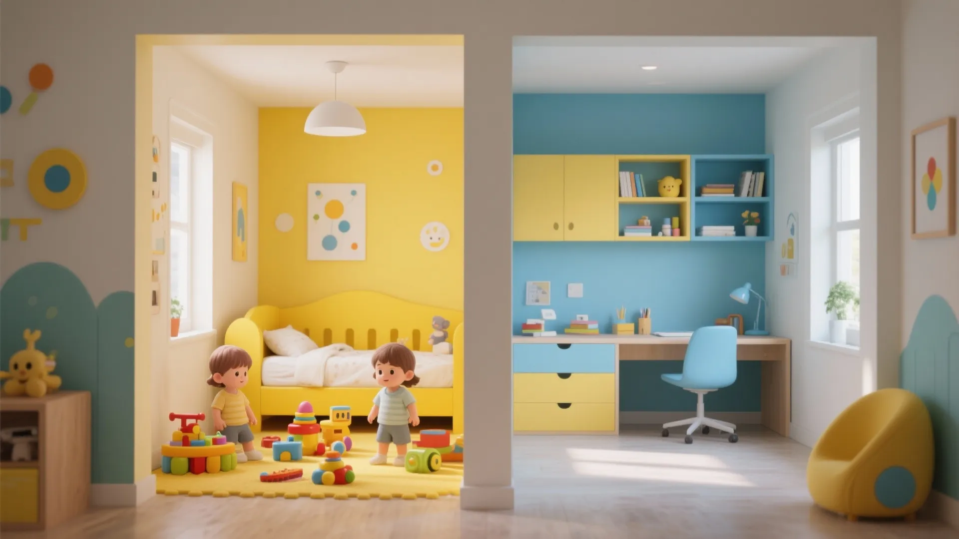 Kids bedroom divided into yellow sleeping zone and blue study zone with small wooden desk chair