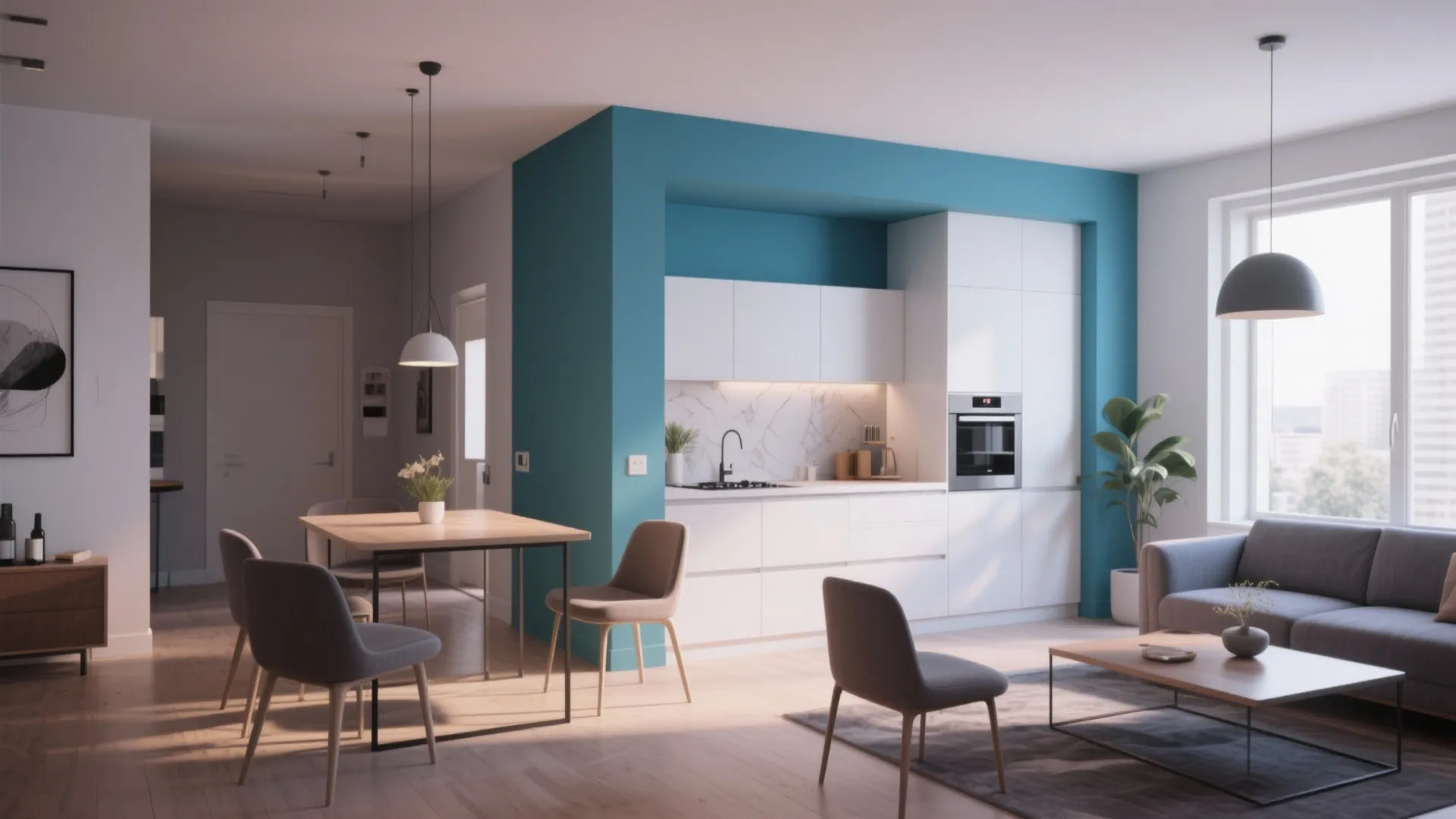 Open-plan apartment with kitchen defined by wall color