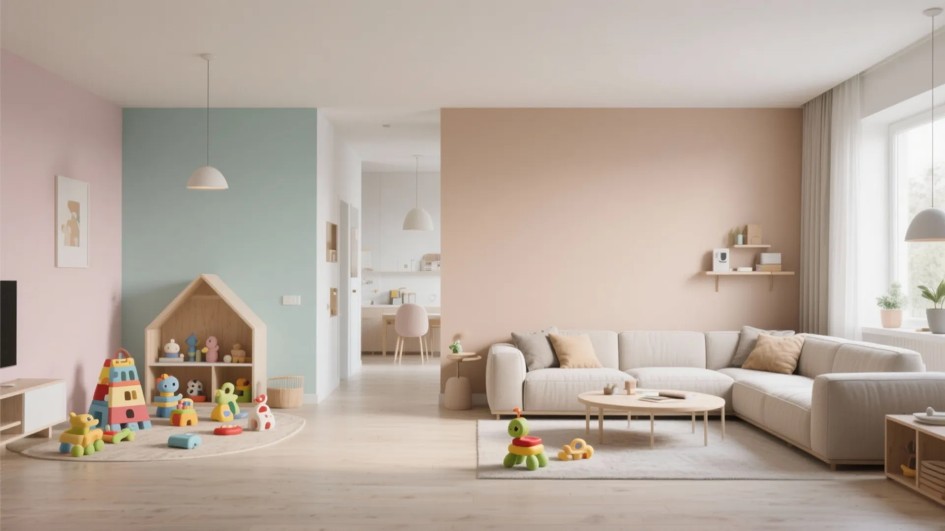 Living room with pastel play zone and neutral seating area