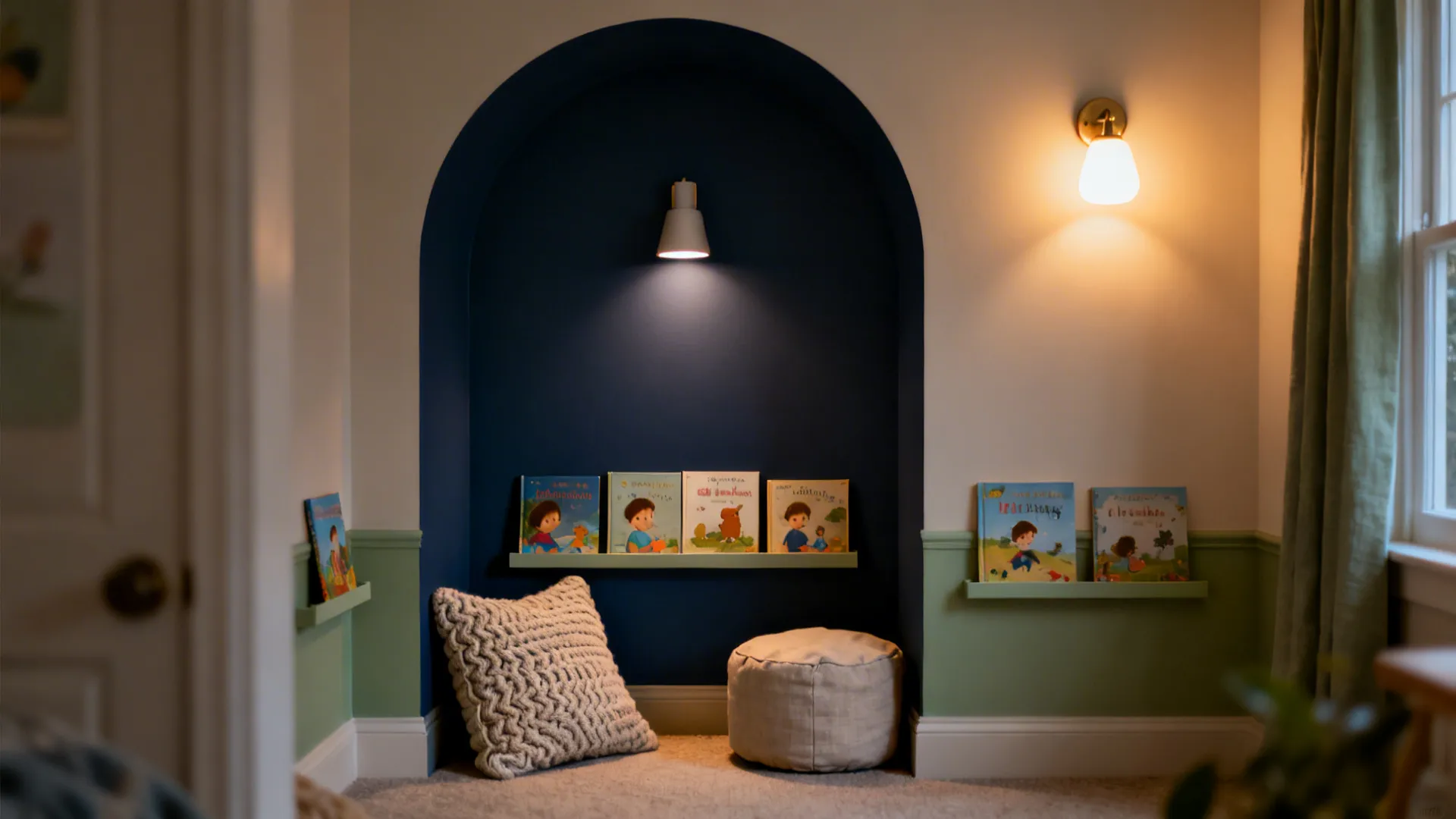 Deep blue arched reading nook with sconce, floor cushion, and front-facing book rails.