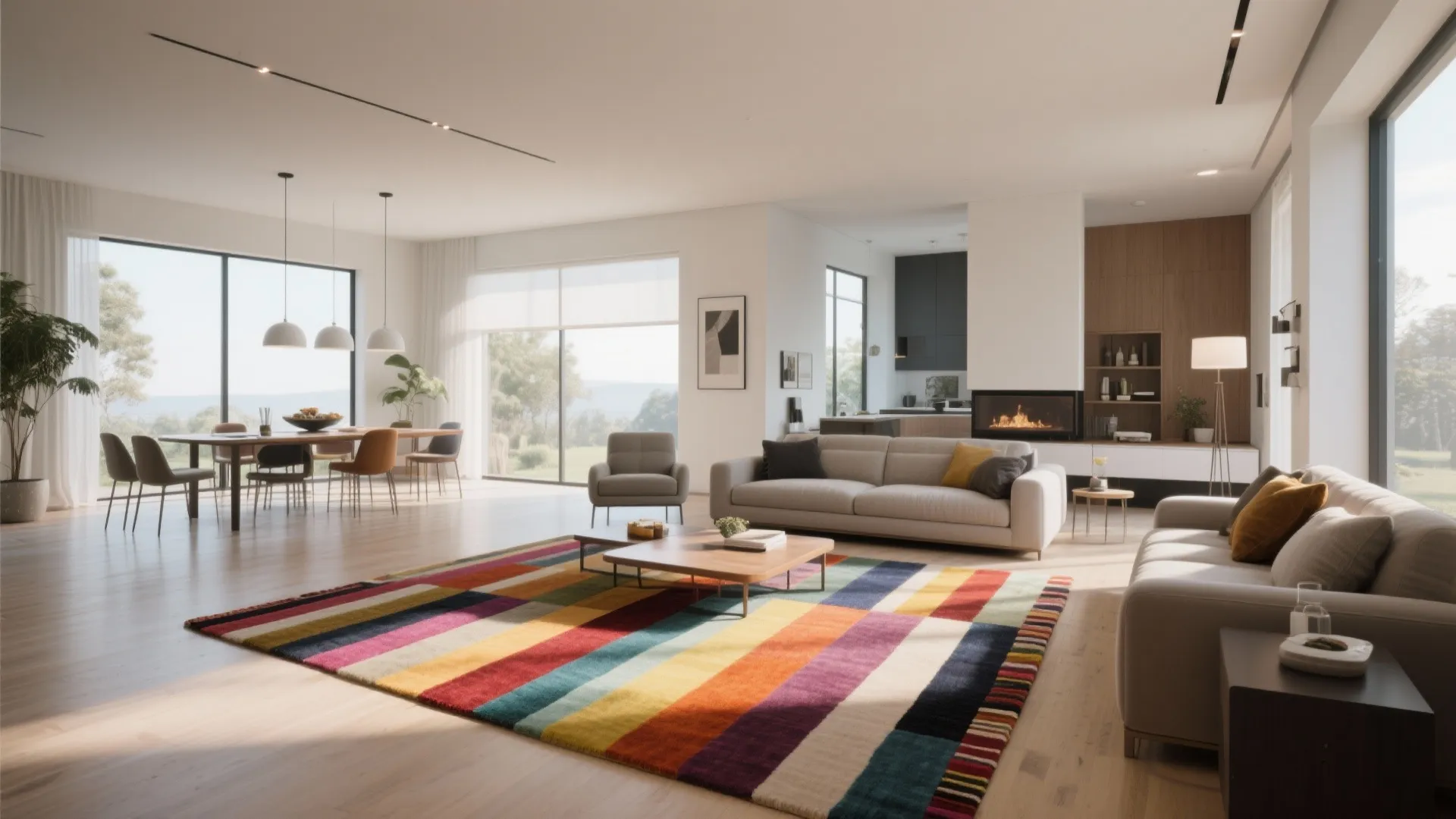 Modern open plan living room with colorful striped rug grey sofa and wooden dining table set