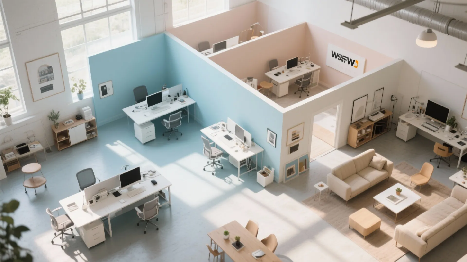 Top-down view of studio with pale blue and beige zones