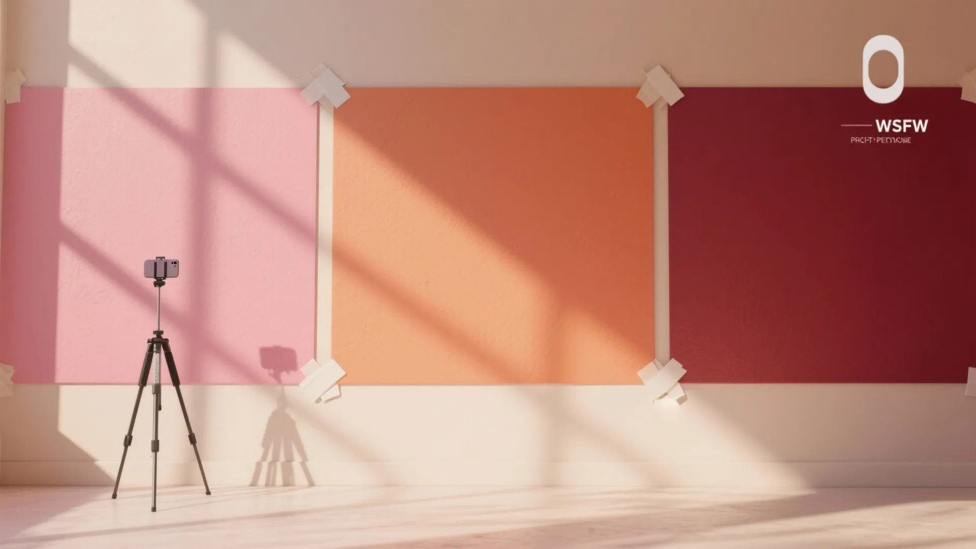 Pink orange and red color samples on wall with tripod camera under warm natural light
