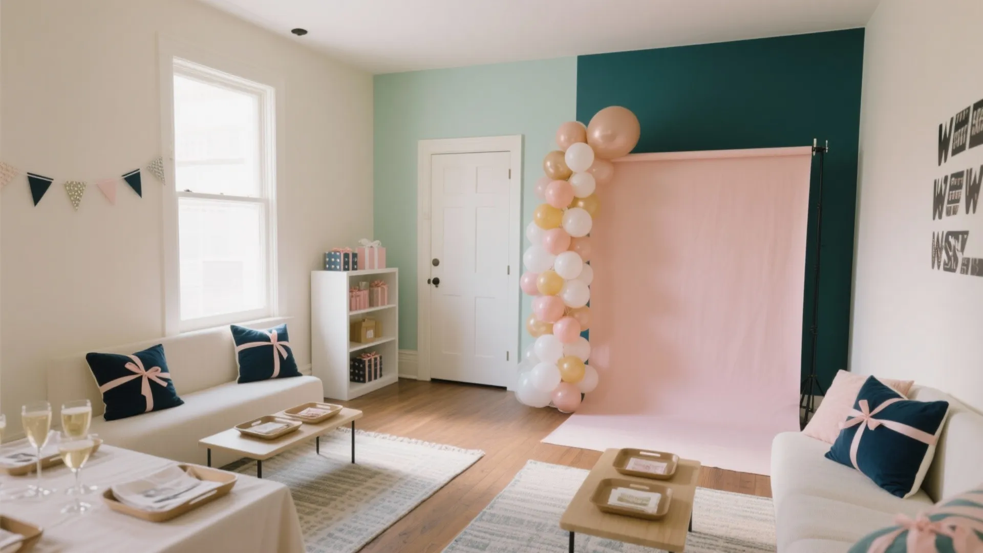 Party room featuring pink backdrop balloons white sofas blue pillows and two different colored walls