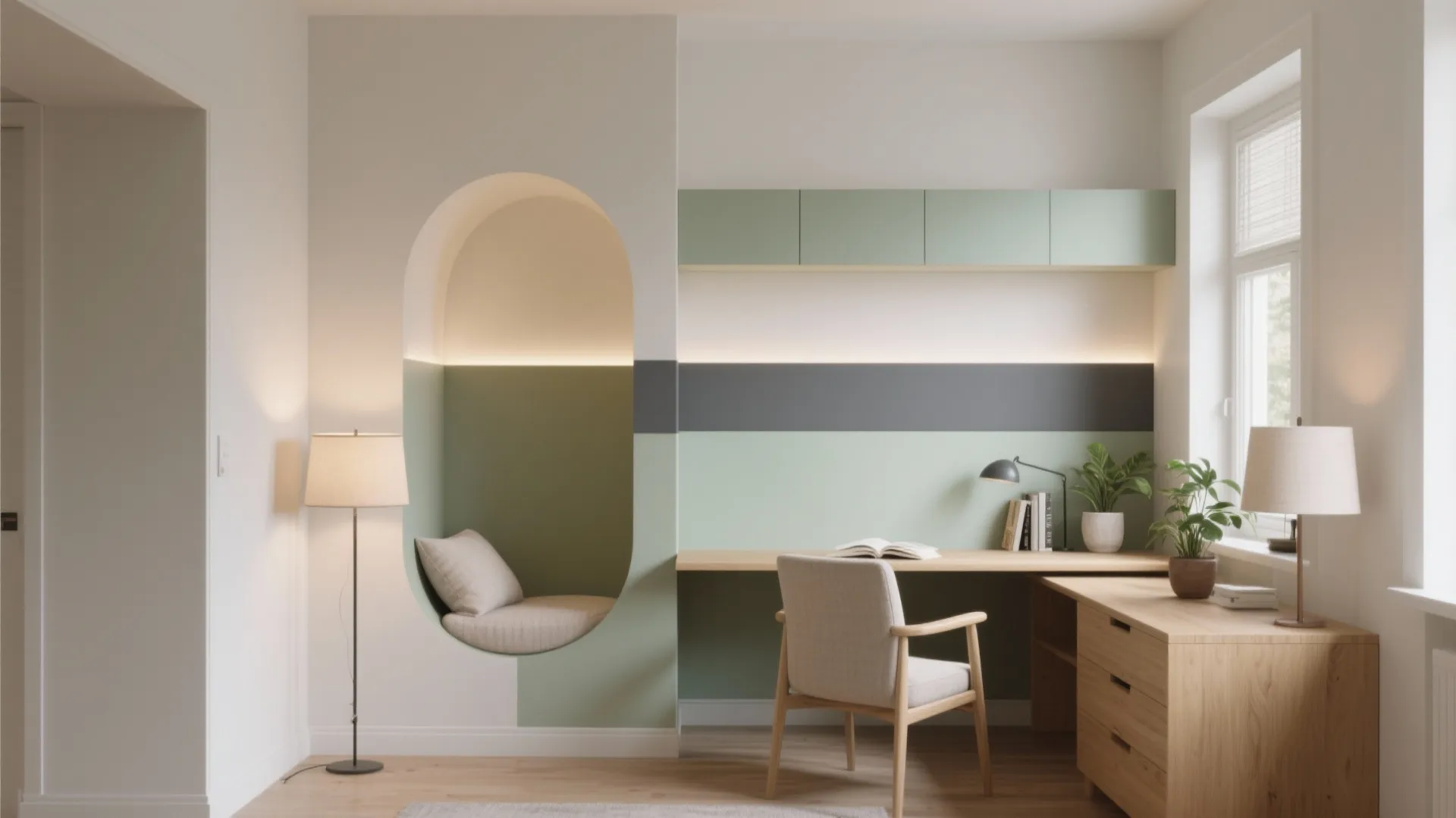 Modern home office with green wall niche wooden desk floor lamp and light green wall cabinets