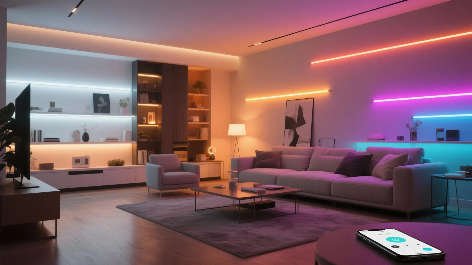 Living room with colorful neon wall lights grey sofa coffee table and smart phone app