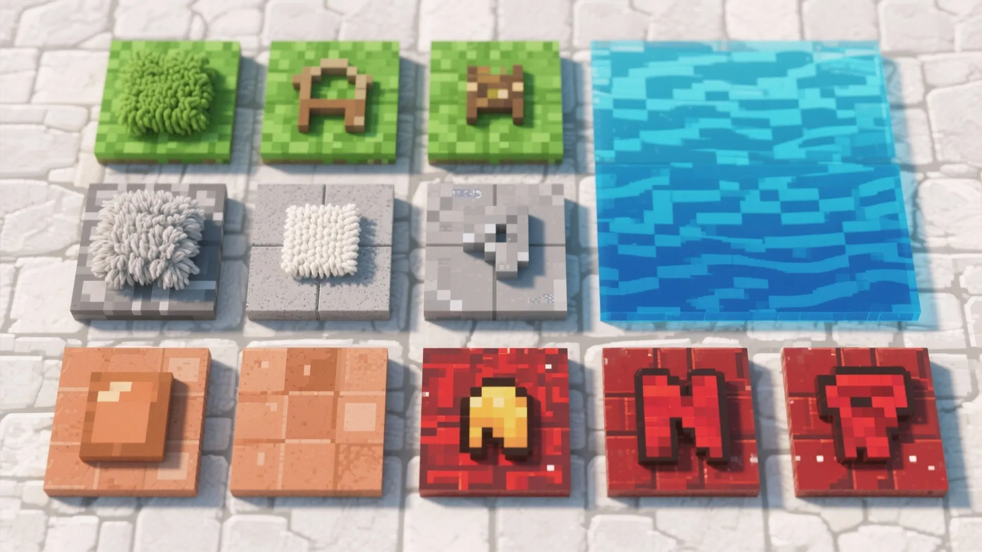 Flat blocks showing different materials including grass water stone and red brick for interior design