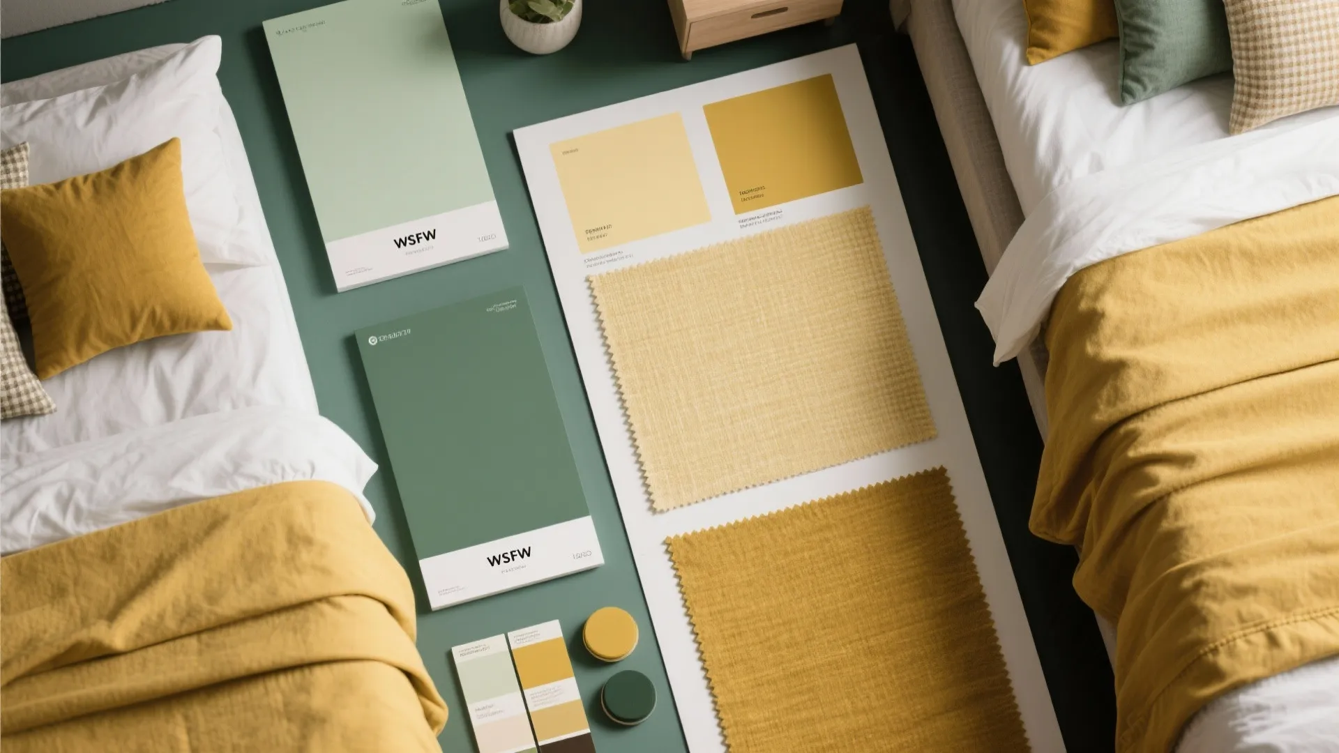 Interior design mood board with green and yellow color palettes plus matching fabric material samples