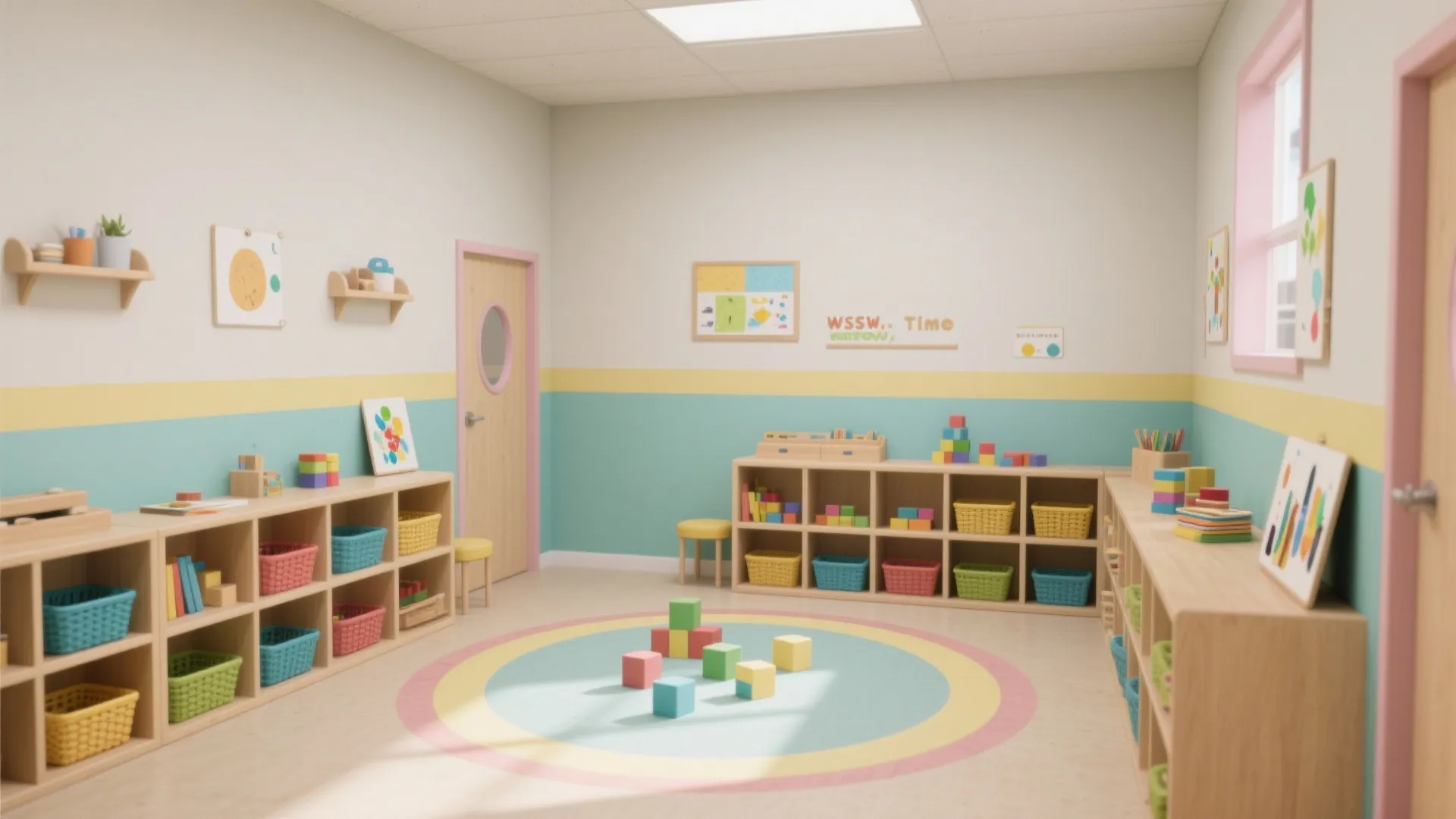 Preschool room with wooden cabinets holding colorful baskets and blocks on a circular patterned rug