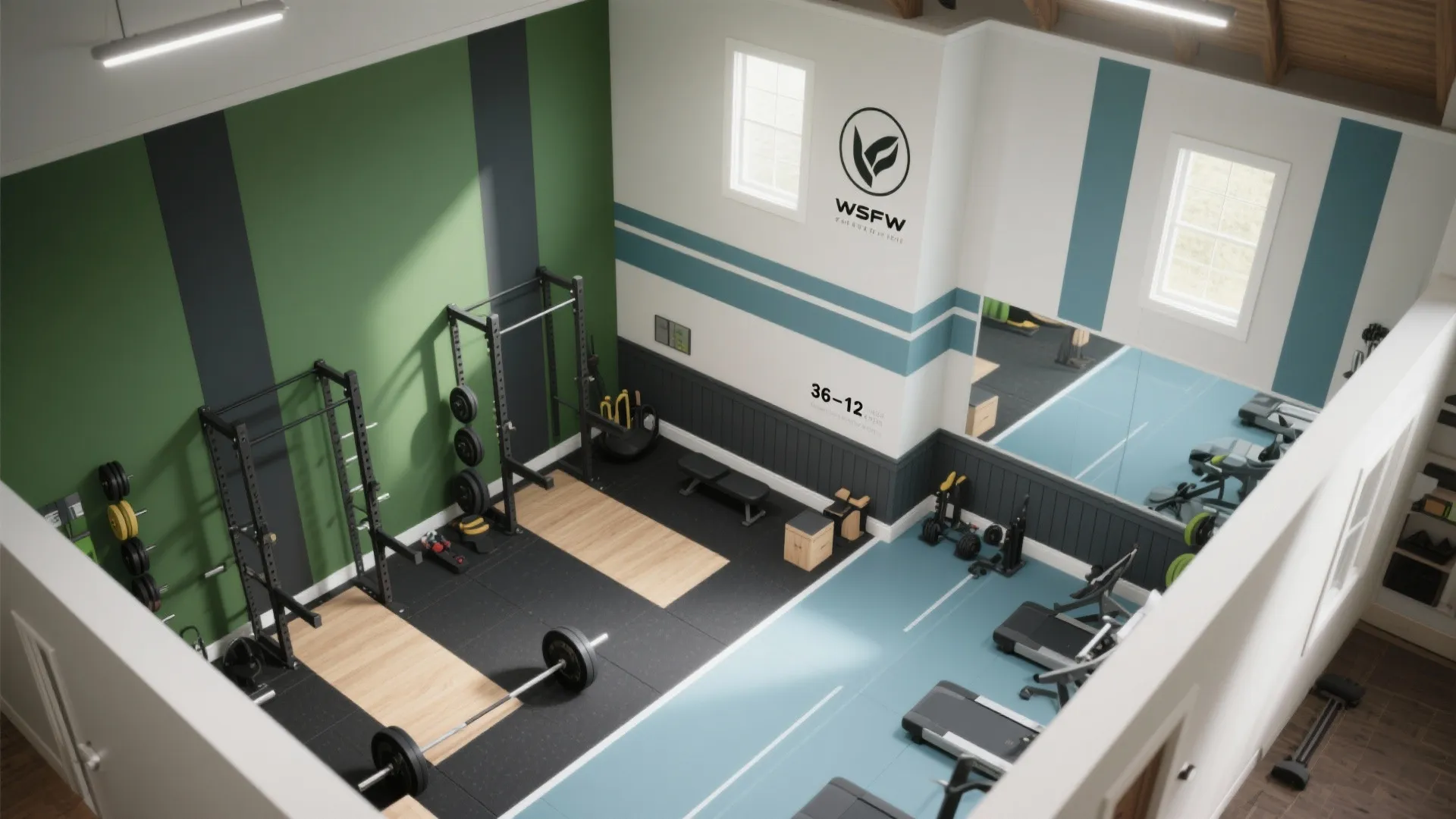 High angle interior design drawing of fitness center showing treadmills weight racks and green wall panels