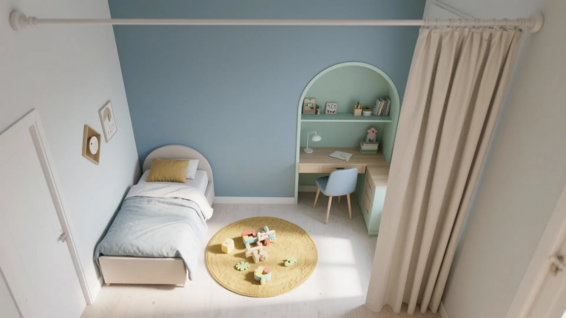 Top-down view of a small kids room with color-zoned sleep, play, and study areas using paint, a rug, and a light curtain.