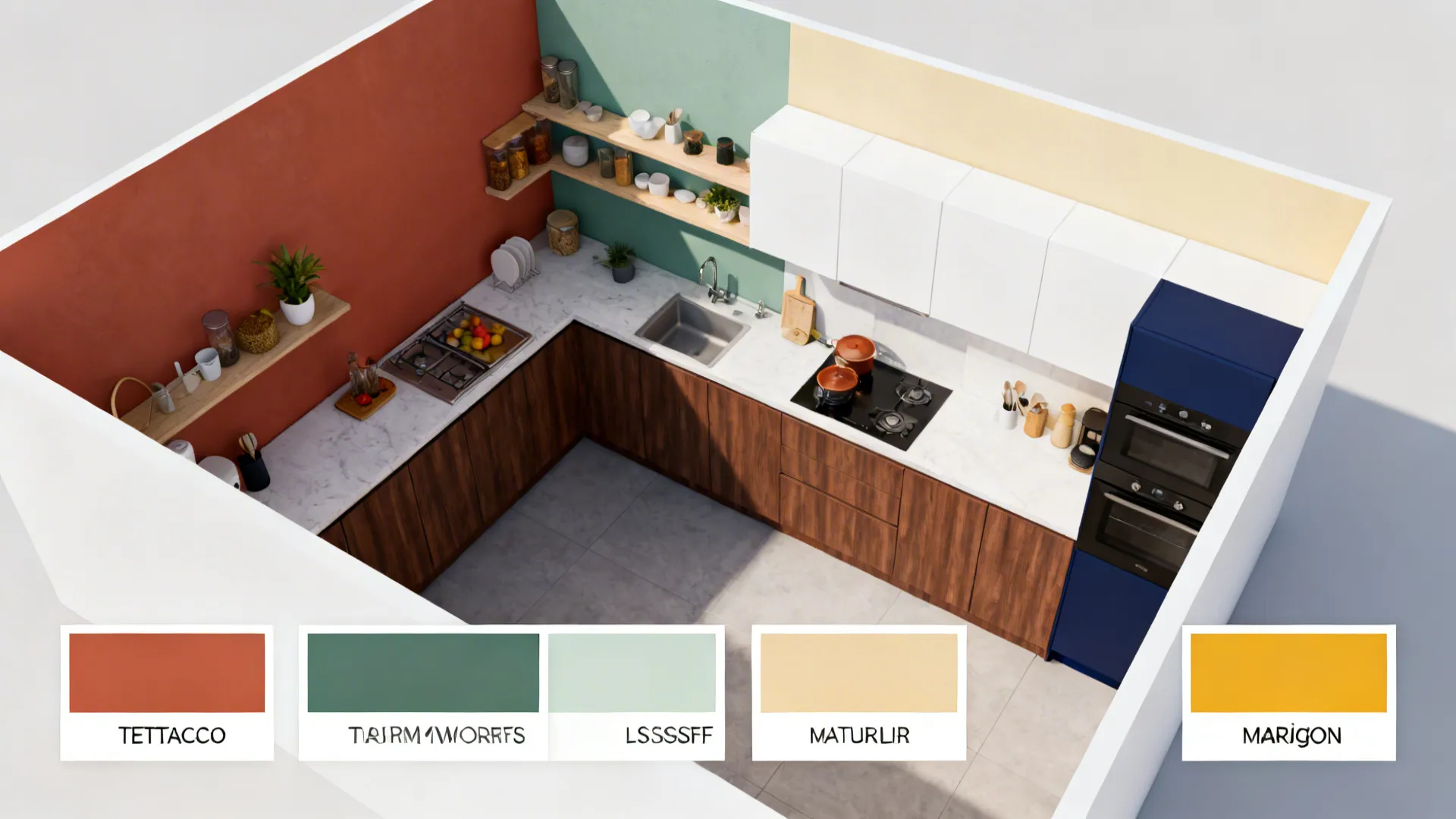 Top-down L-shaped kitchen showing different color zones for five paint ideas.