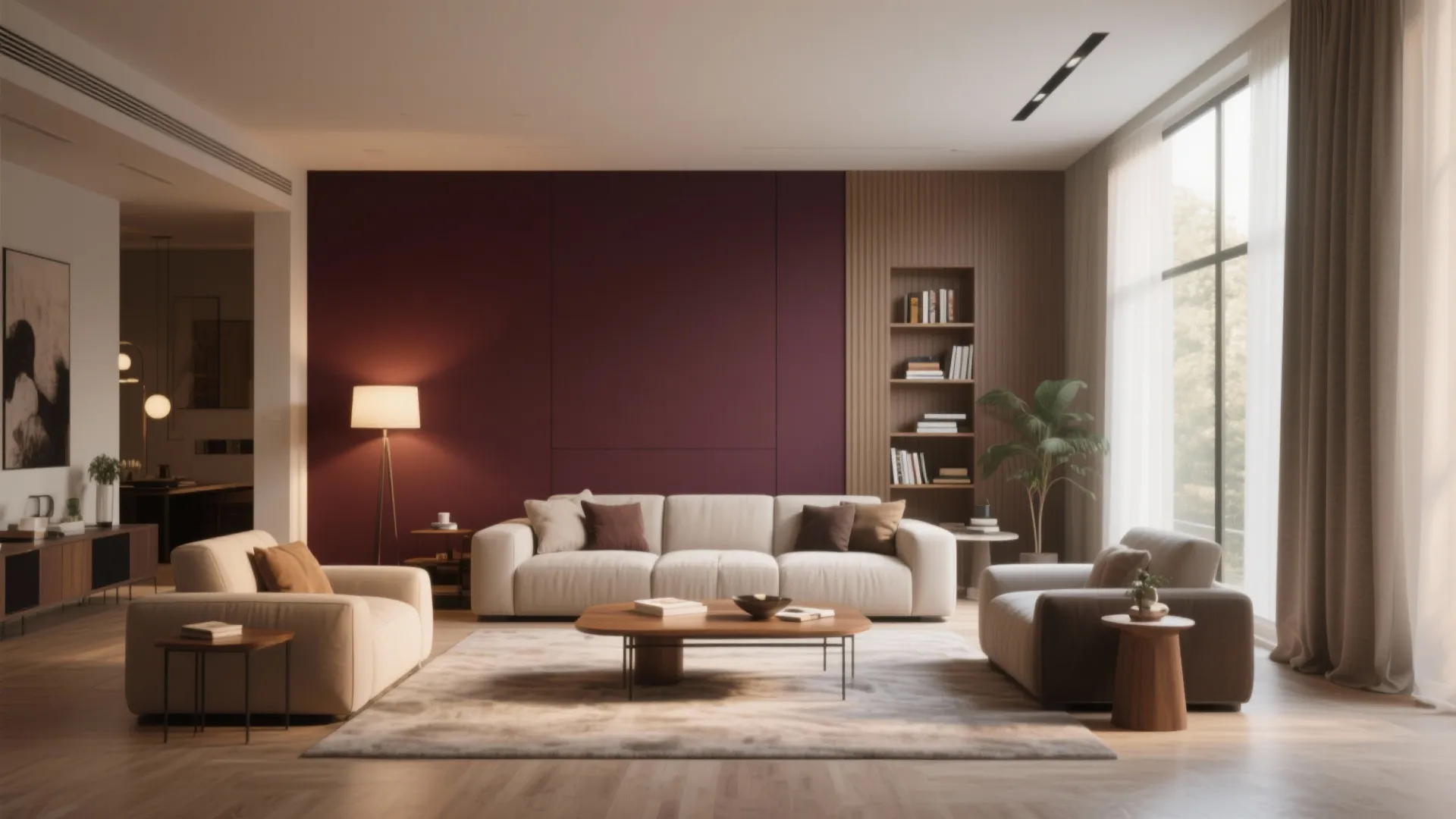 Elegant living room with red accent wall, white sofa, wooden coffee table, and a bookshelf