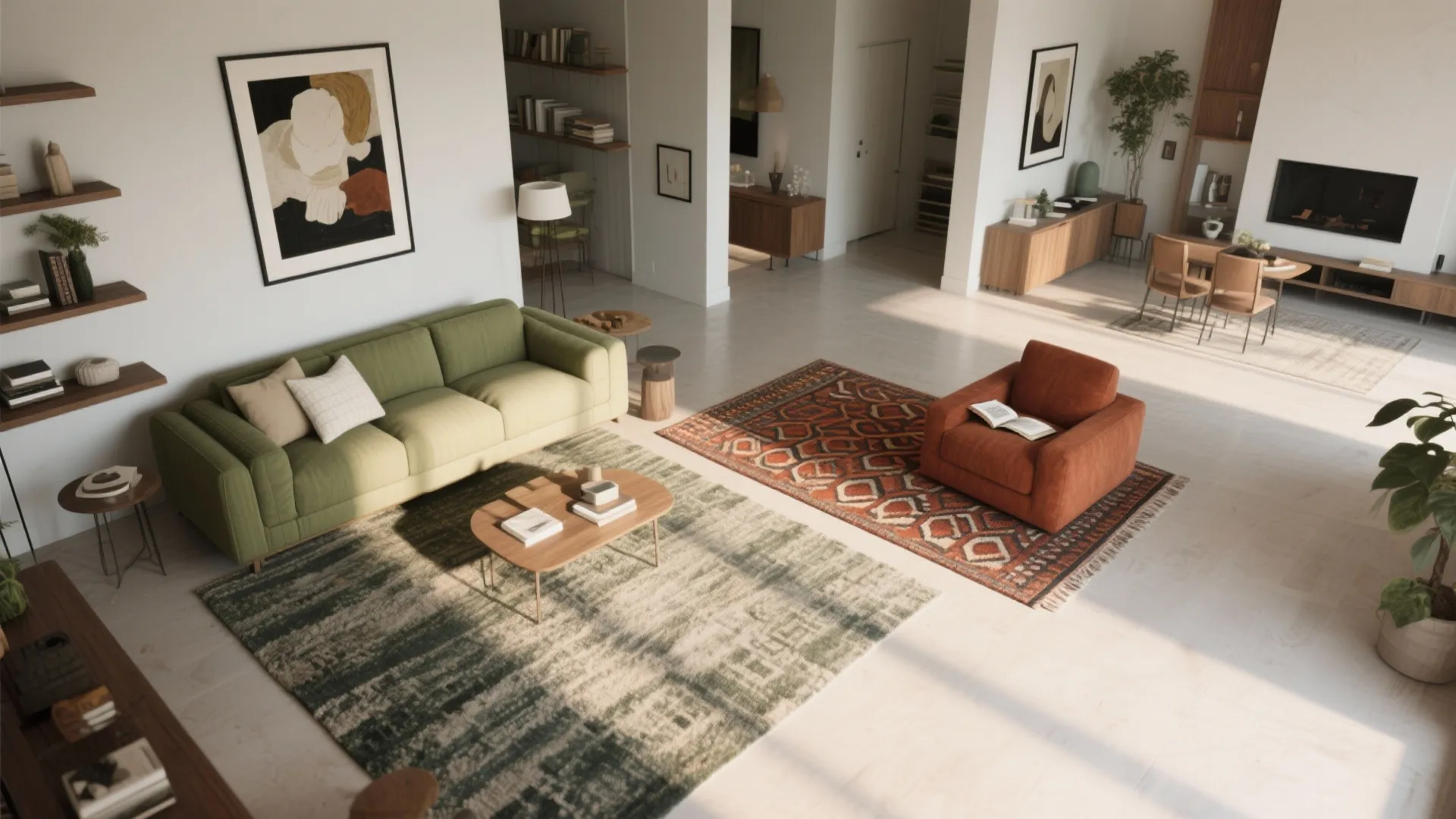 5) Color zoning with rugs, art, and shelves