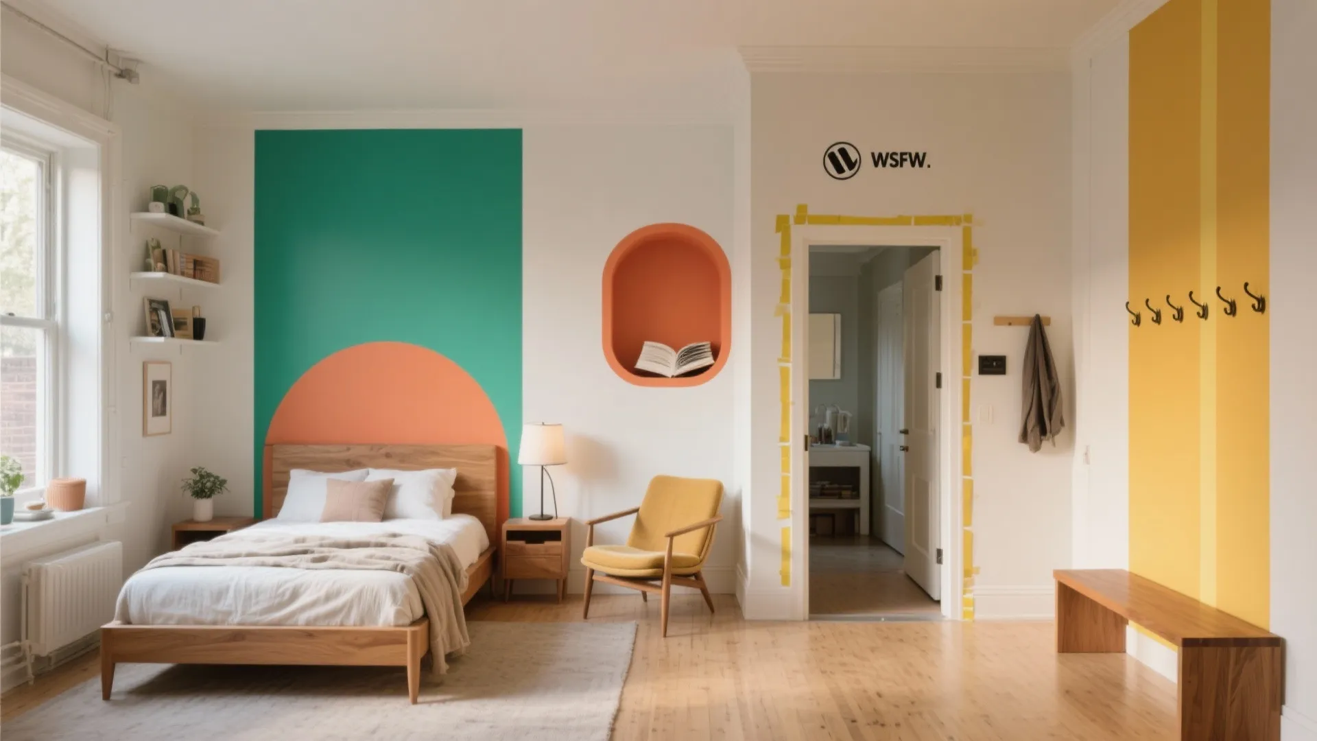 Modern bedroom featuring colorful wall paint shapes with wooden bed and yellow armchair on floor