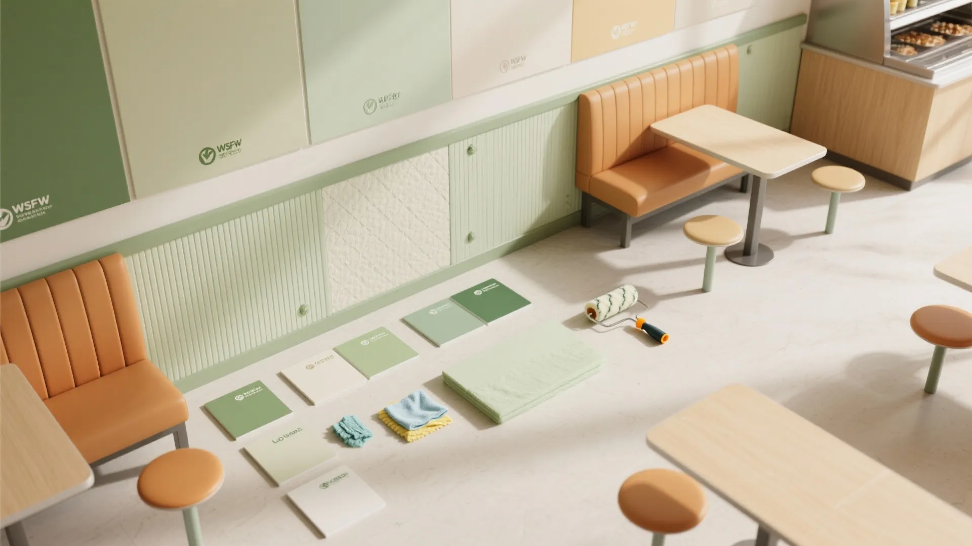 Interior design drawing showing green color swatches, paint roller, orange booth seating, and small tables