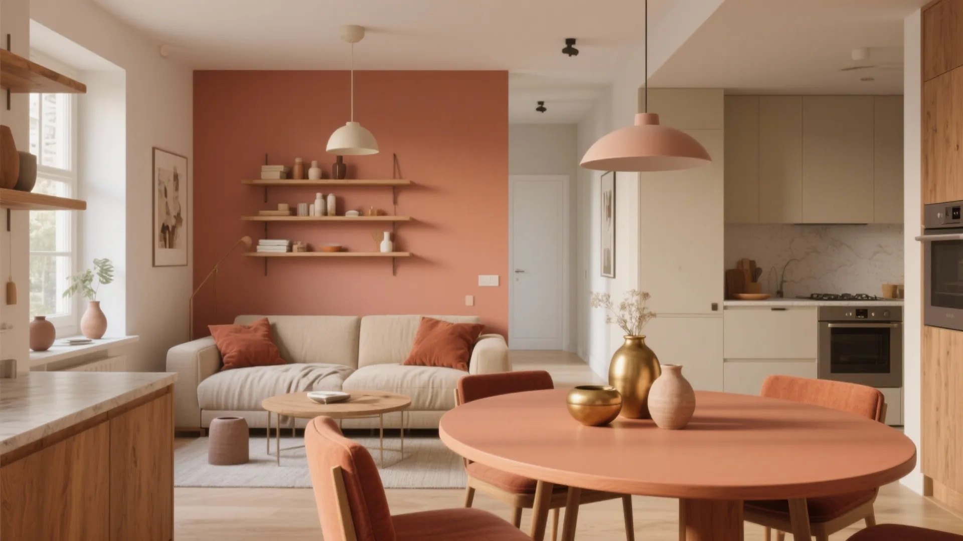 Studio with terracotta dining corner and sand-toned lounge, unified by warm undertones and repeated accents.