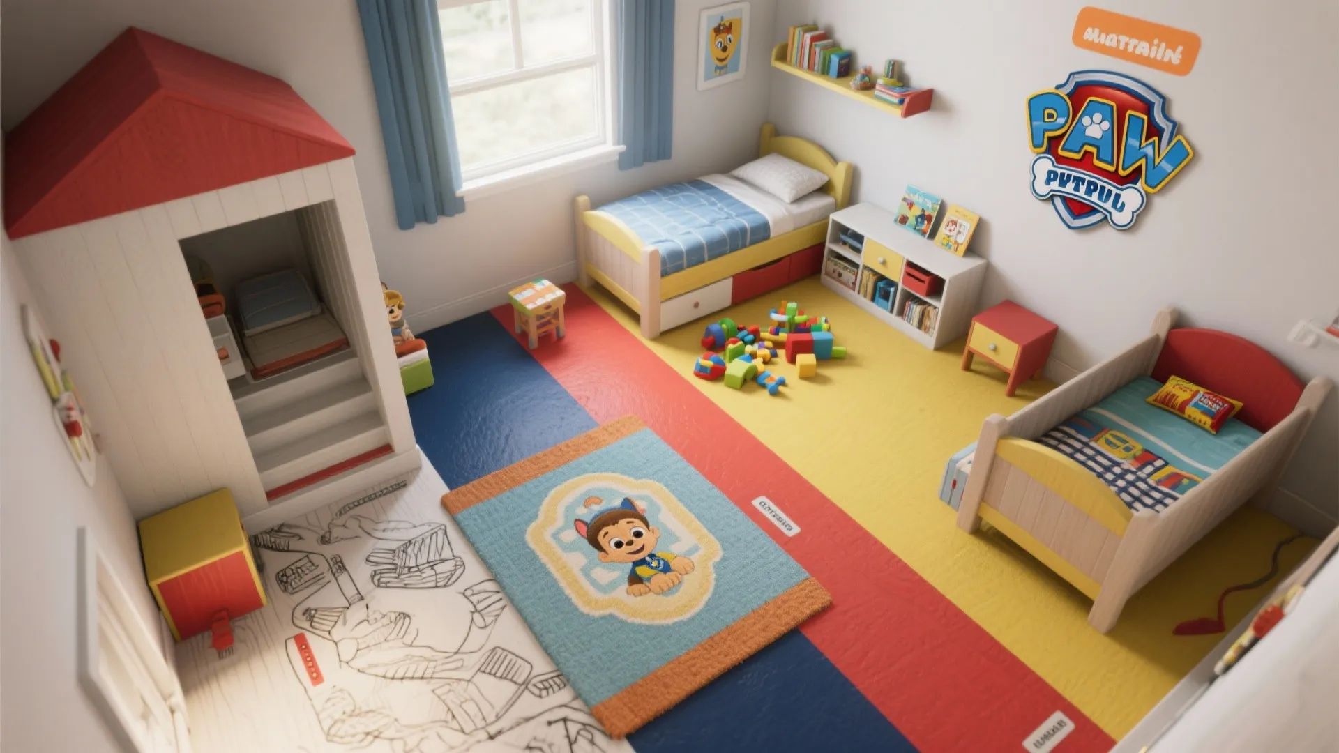 Kids bedroom with colorful floor mats two small beds cartoon rug toys and bright blue curtains