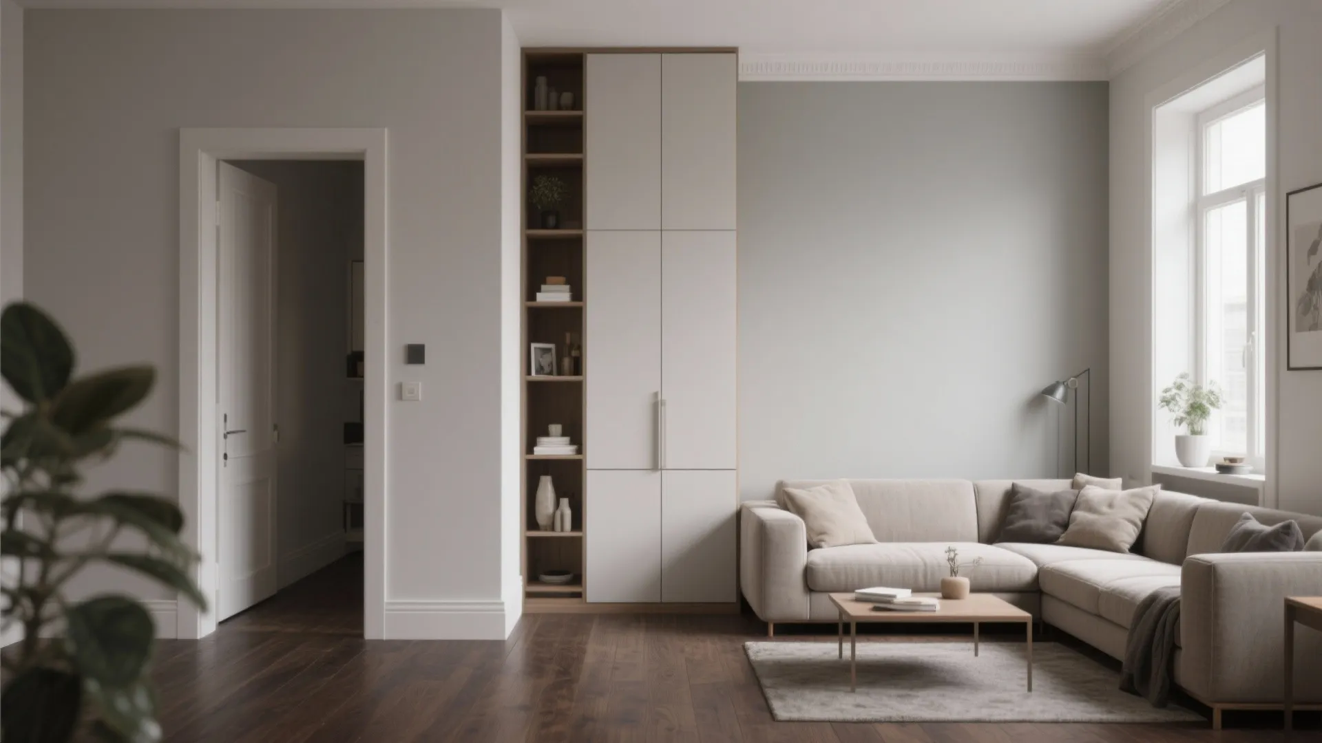 Smart color zoning: light walls, darker floors, and vertical storage