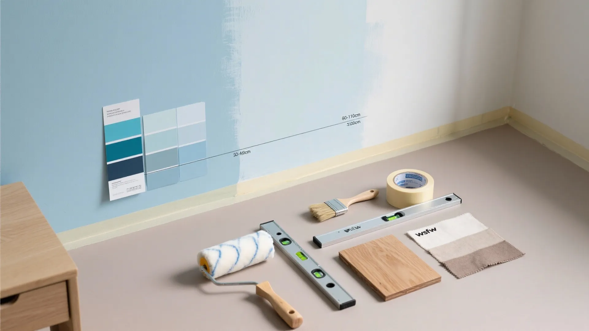 Wall painting tools including blue color swatches paint roller level brush and tape on floor