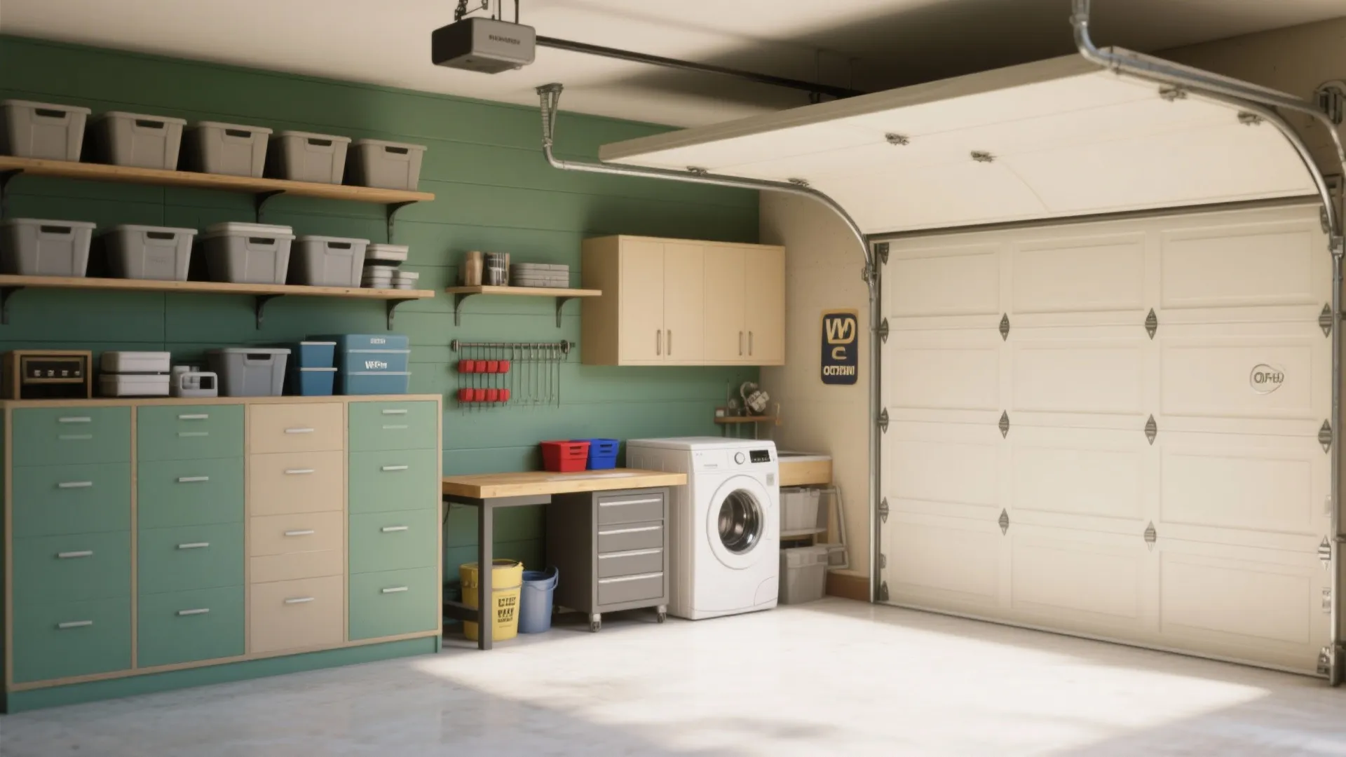 Garage with color-zoned areas: muted green storage, warm beige laundry corner, and a workbench with red and blue accents.