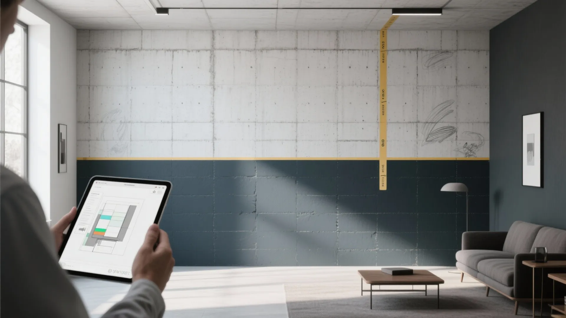 Interior showing lower-third darker color zoning on a tall concrete block wall with a designer tablet mockup.