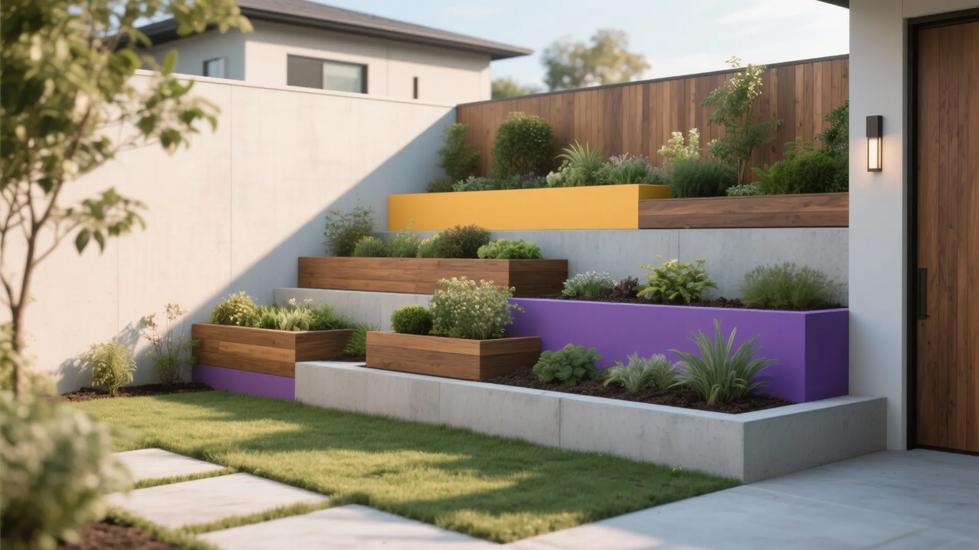 Tiered garden beds with purple and yellow accents and wooden planters filled with various green shrubs